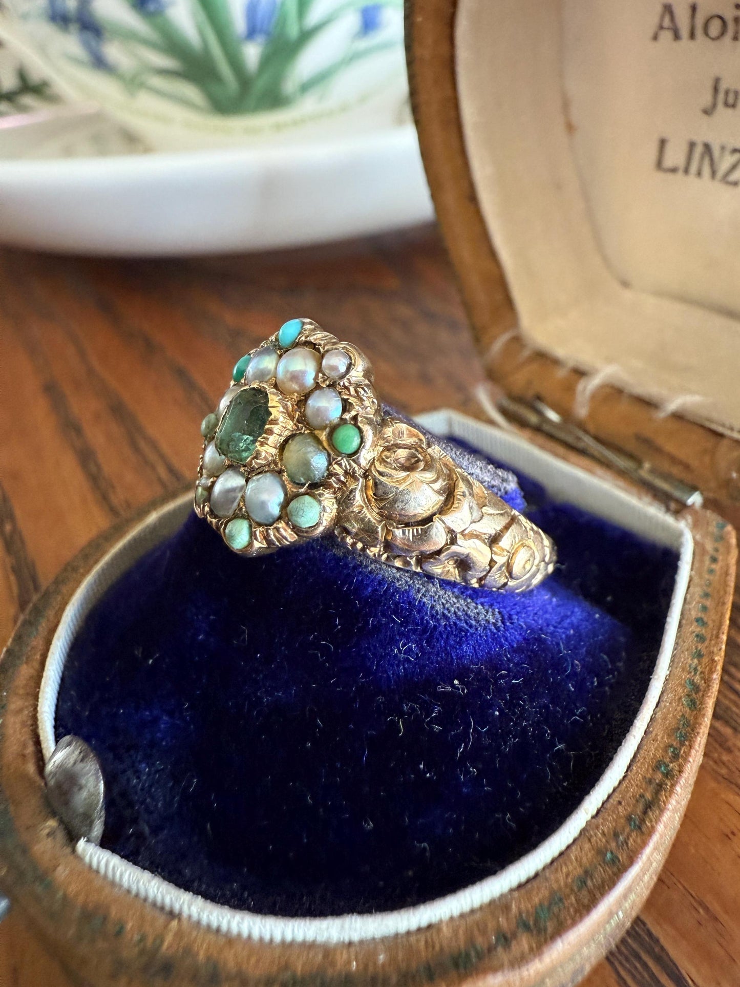 EMERALD Pearl Turquoise Georgian 10k Gold Ring Green White Floral Bouquet Embossed Shoulders Ornate Stacker Cluster