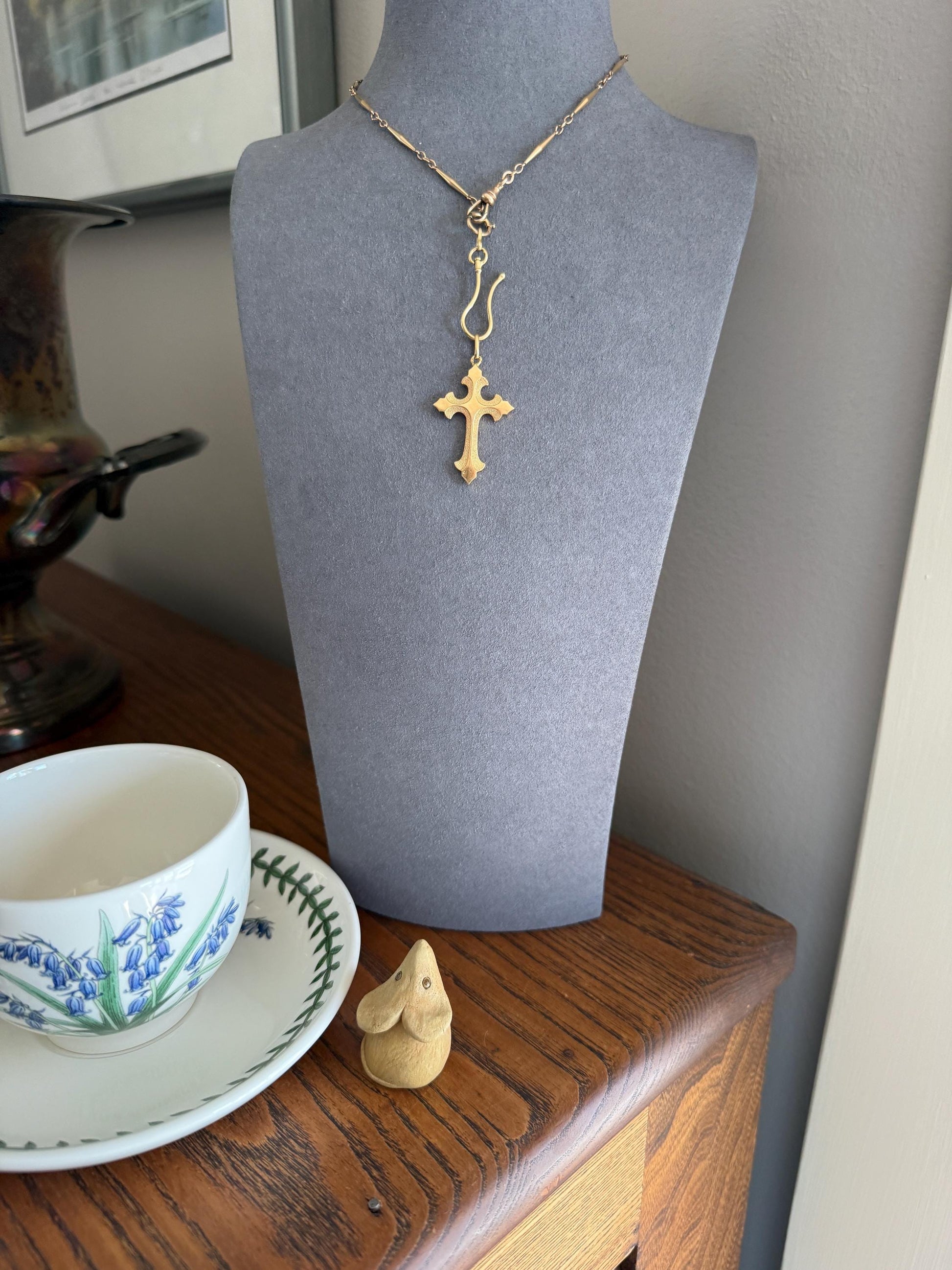 VICTORIAN 18k Gold French Antique Cross PENDANT Matte and Shine Texture Reversible Ornate Religious Faith Gift Belle Epoque