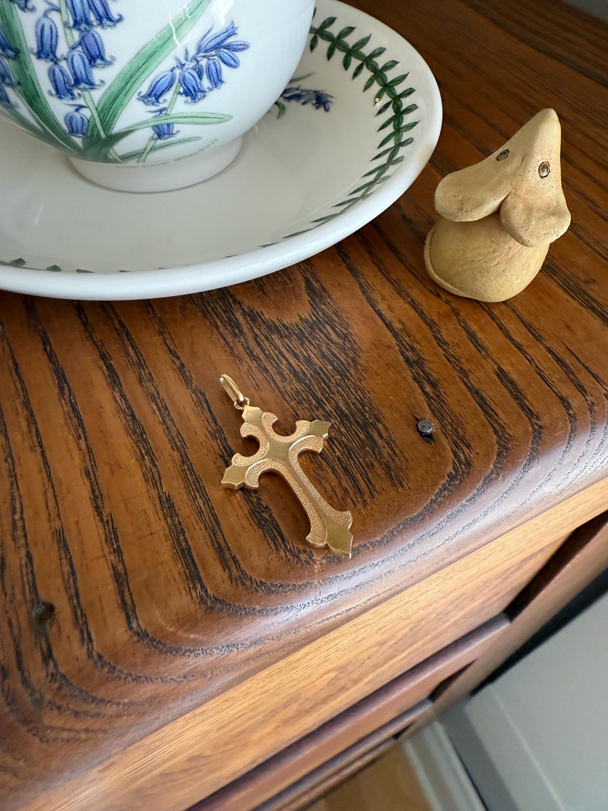 VICTORIAN 18k Gold French Antique Cross PENDANT Matte and Shine Texture Reversible Ornate Religious Faith Gift Belle Epoque