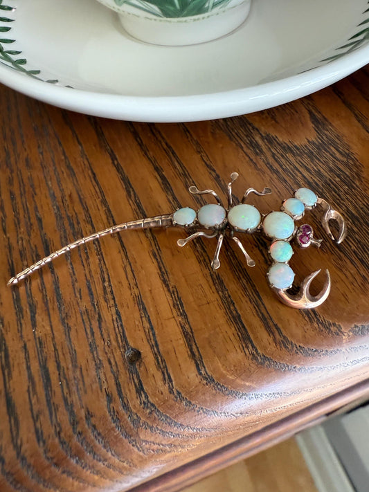 SCORPION Figural Vintage Brooch Extender Connector Pendant Blue Opal Ruby Eyes 10k Gold Large Pin