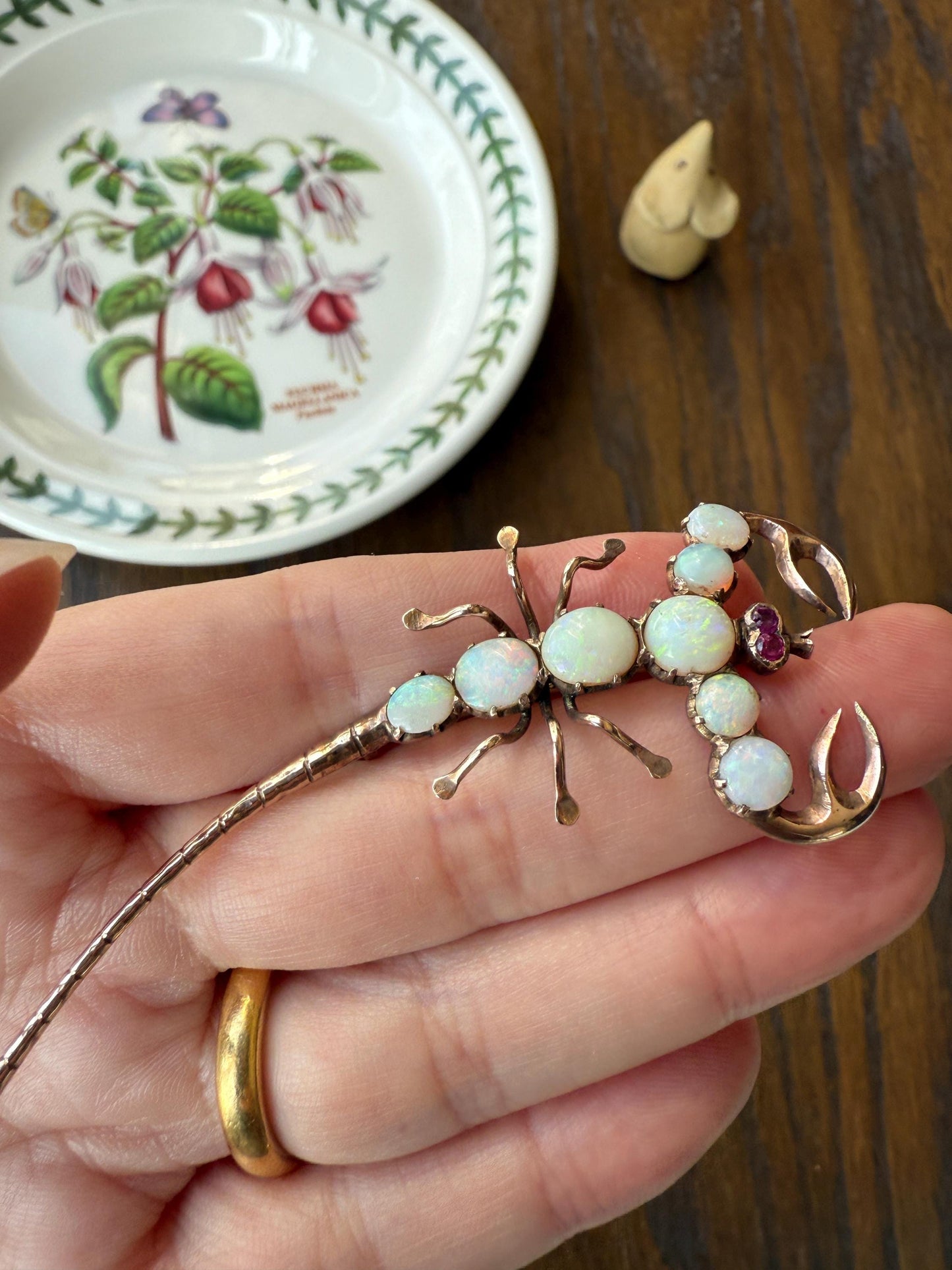 SCORPION Figural Vintage Brooch Extender Connector Pendant Blue Opal Ruby Eyes 10k Gold Large Pin