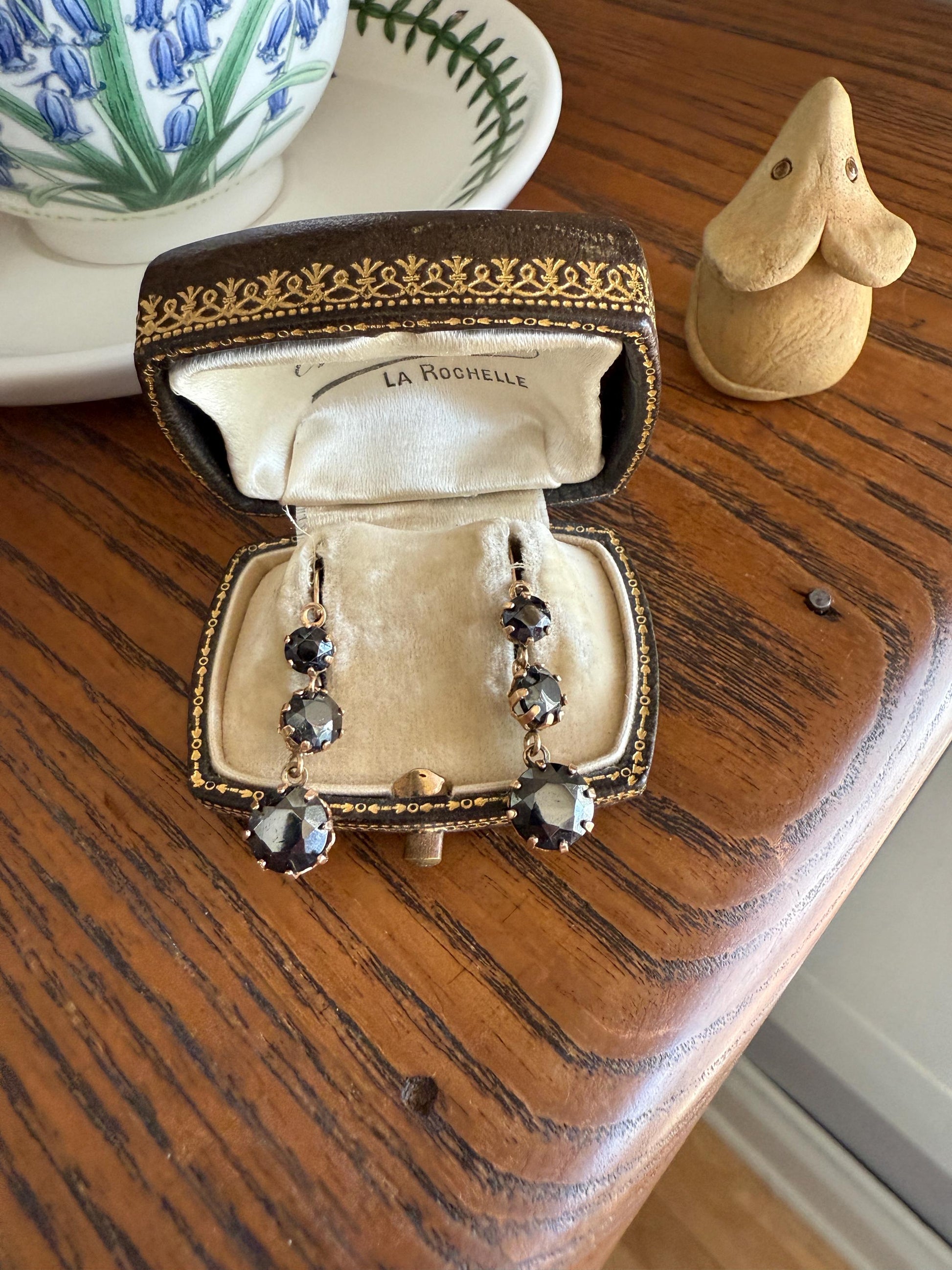 Antique HEMATITE Metallic Gray Black Victorian Line Dangle Earrings Buttercup Prongs Moody Dark 14k Gold Three Stone Drops