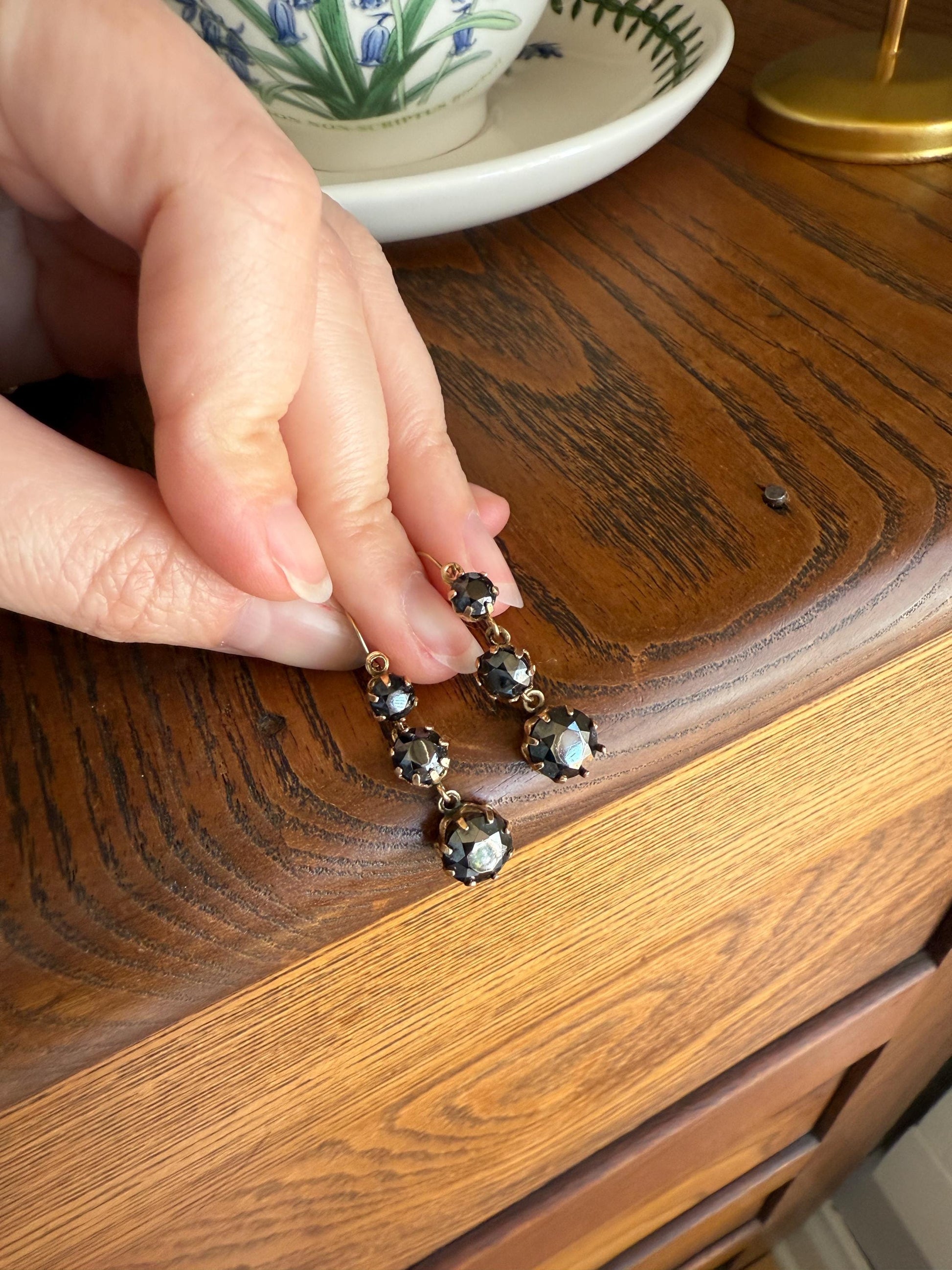 Antique HEMATITE Metallic Gray Black Victorian Line Dangle Earrings Buttercup Prongs Moody Dark 14k Gold Three Stone Drops