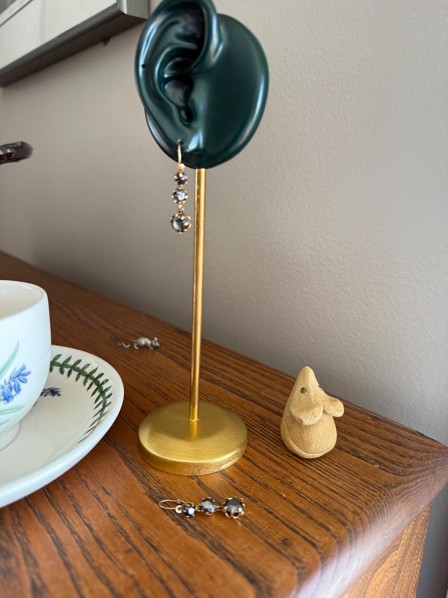 Antique HEMATITE Metallic Gray Black Victorian Line Dangle Earrings Buttercup Prongs Moody Dark 14k Gold Three Stone Drops