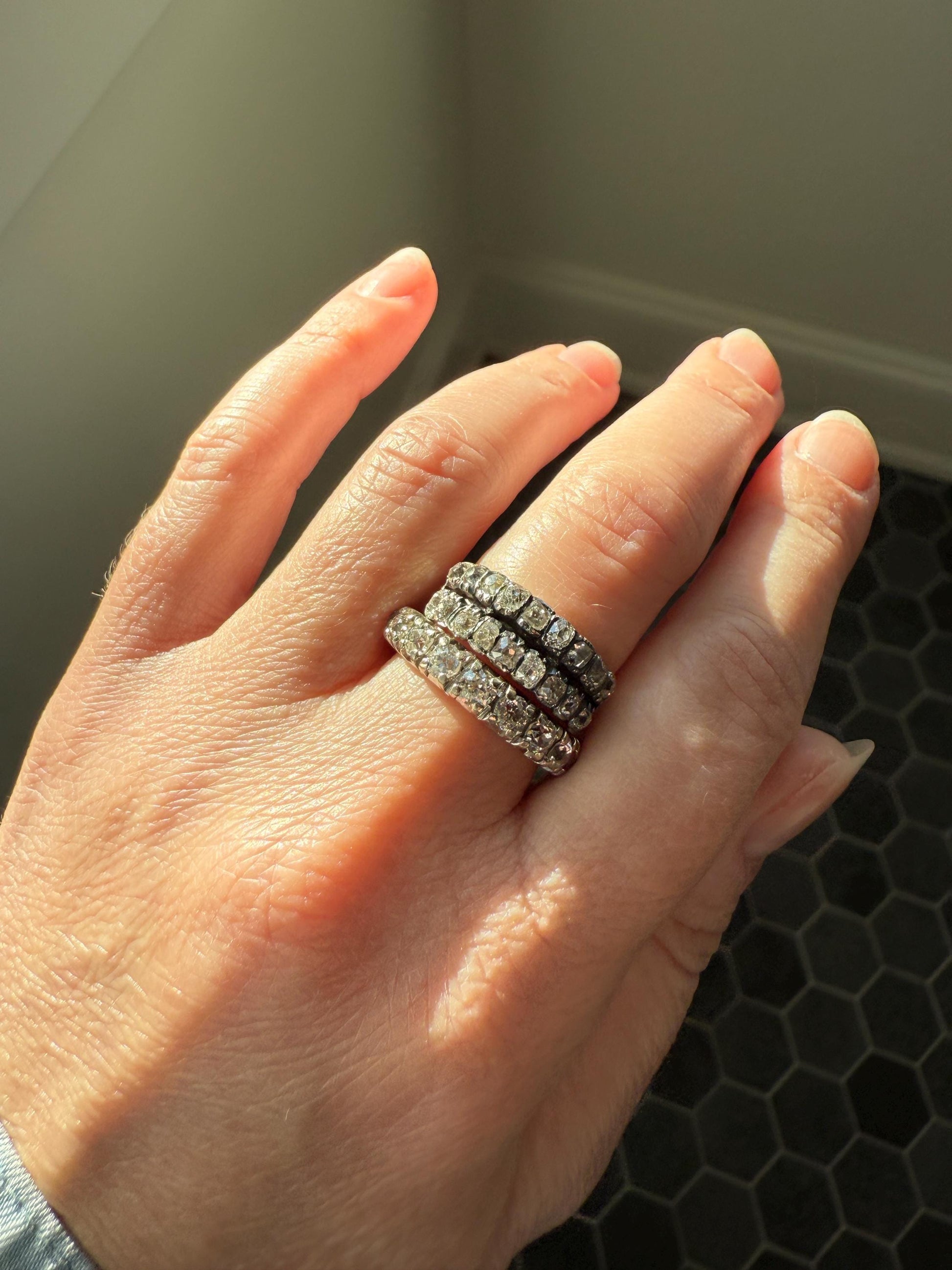 FRENCH Antique Art Deco 2.7 Carats 18 Old Mine Cut DiAMOND Full ETERNITY Band Ring 18k White GOLD Wedding Anniversary Beveled OmC