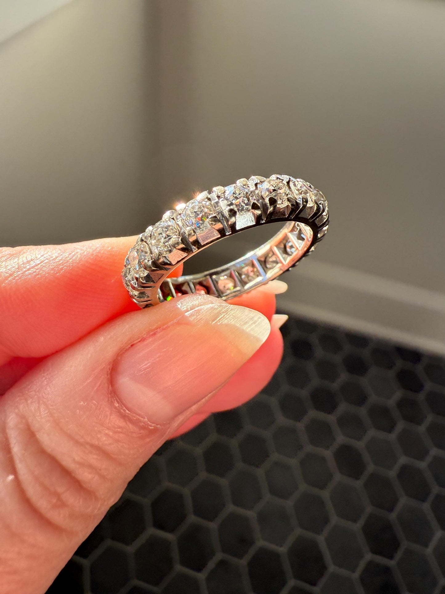 FRENCH Antique Art Deco 2.7 Carats 18 Old Mine Cut DiAMOND Full ETERNITY Band Ring 18k White GOLD Wedding Anniversary Beveled OmC