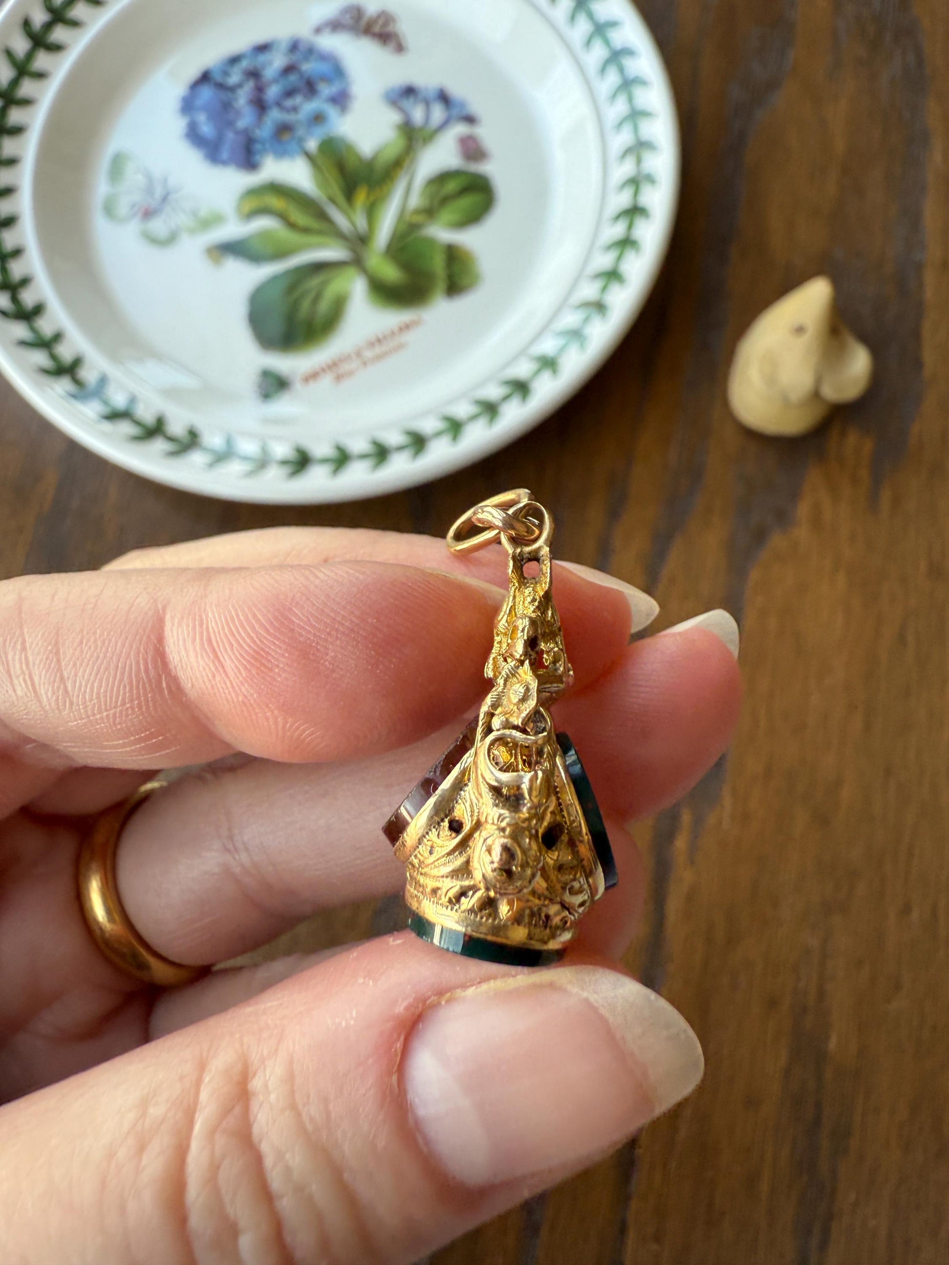 DRAGON 3D Spinner Fob Carnelian Bloodstone Antique 18k Gold Chimera Griffin Winged Lion FIGURAL Pendant Victorian French Belle Epoque