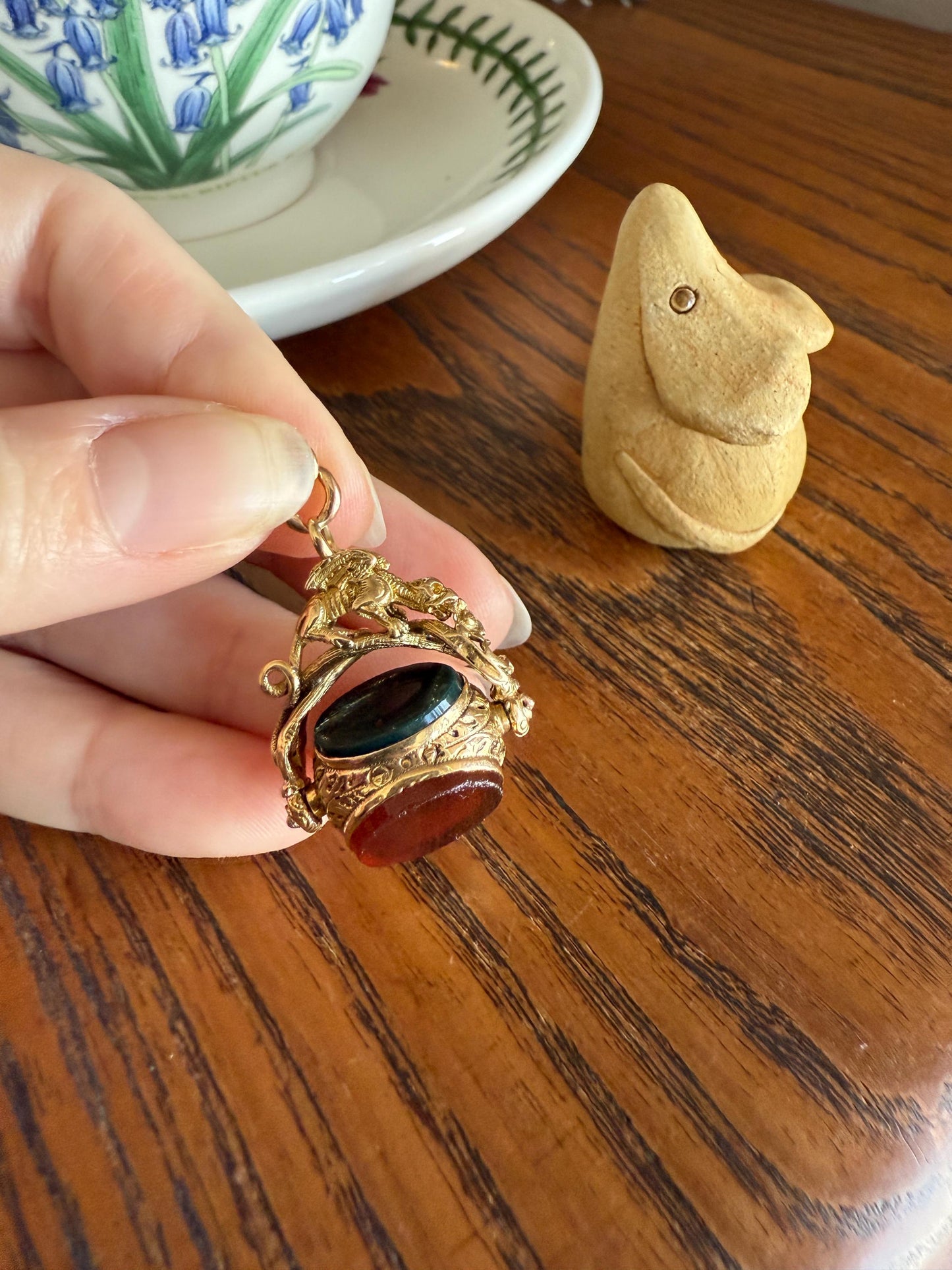 DRAGON 3D Spinner Fob Carnelian Bloodstone Antique 18k Gold Chimera Griffin Winged Lion FIGURAL Pendant Victorian French Belle Epoque