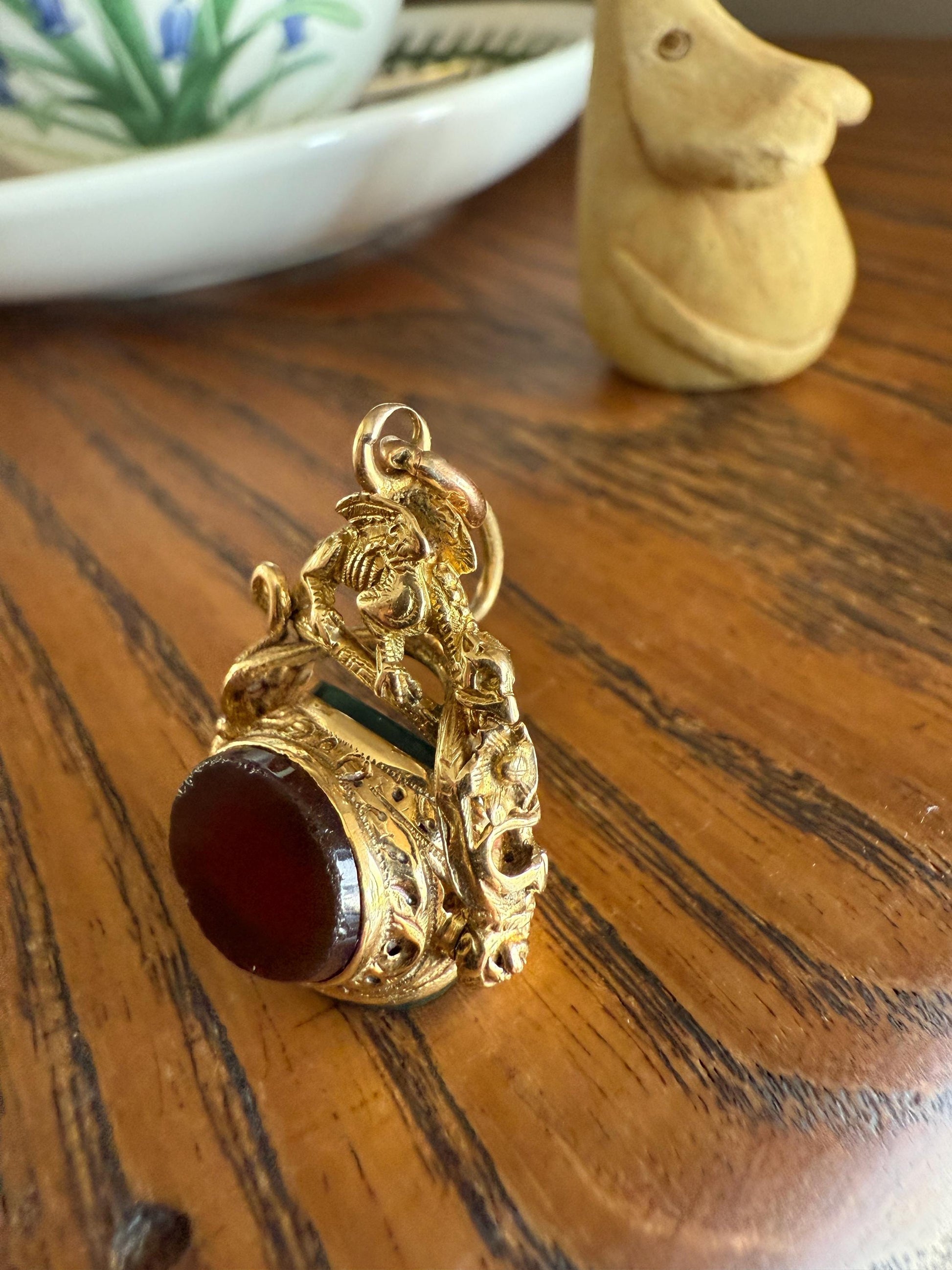 DRAGON 3D Spinner Fob Carnelian Bloodstone Antique 18k Gold Chimera Griffin Winged Lion FIGURAL Pendant Victorian French Belle Epoque