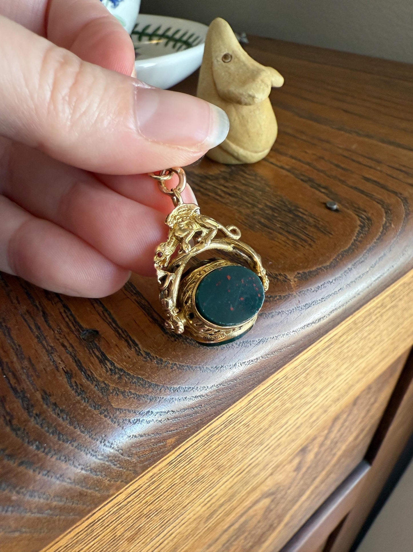 DRAGON 3D Spinner Fob Carnelian Bloodstone Antique 18k Gold Chimera Griffin Winged Lion FIGURAL Pendant Victorian French Belle Epoque