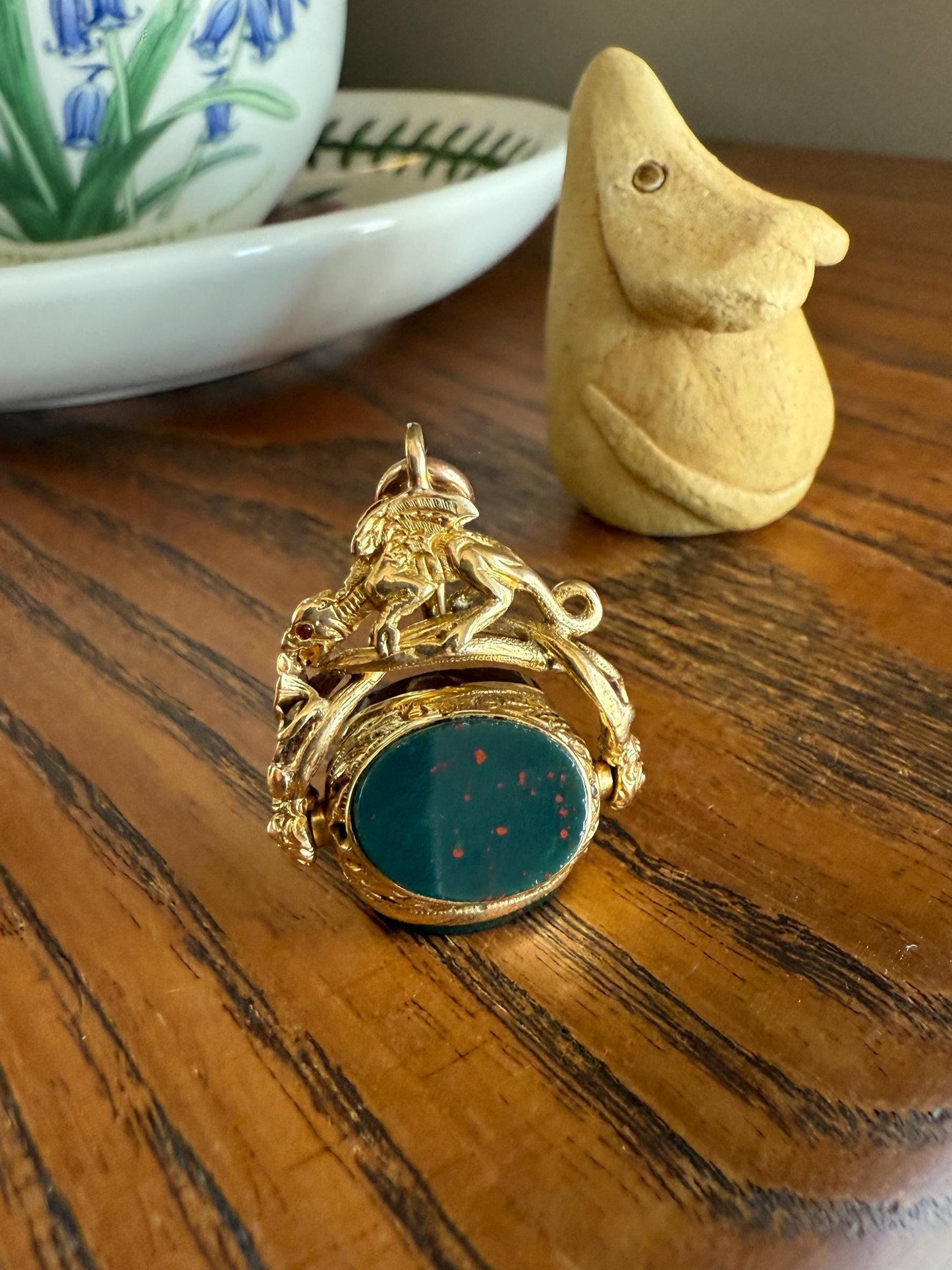 DRAGON 3D Spinner Fob Carnelian Bloodstone Antique 18k Gold Chimera Griffin Winged Lion FIGURAL Pendant Victorian French Belle Epoque