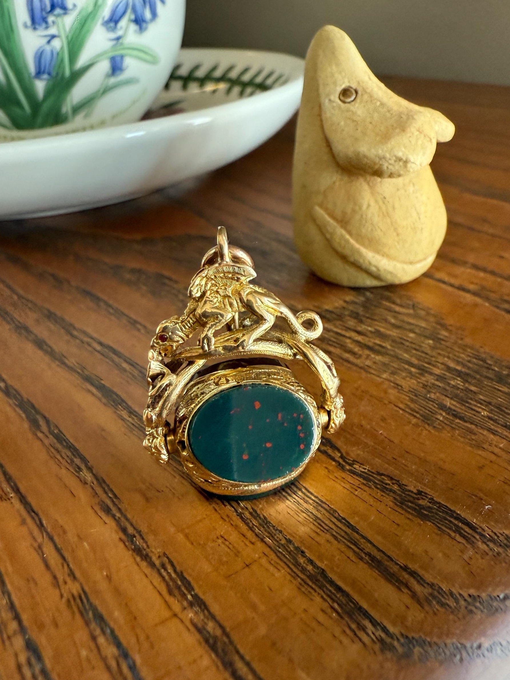 DRAGON 3D Spinner Fob Carnelian Bloodstone Antique 18k Gold Chimera Griffin Winged Lion FIGURAL Pendant Victorian French Belle Epoque
