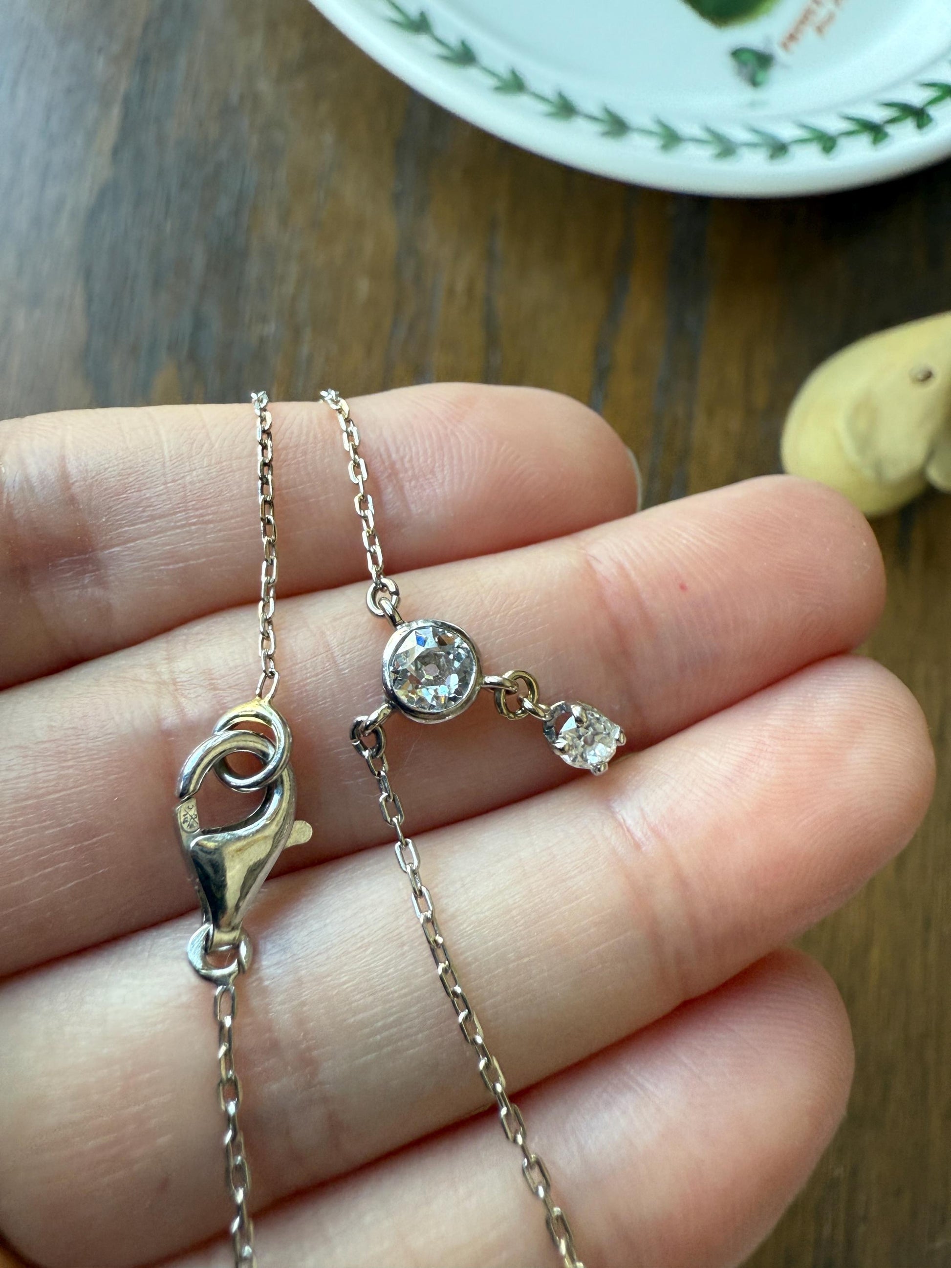 Vintage Art Deco Old Mine Cut Diamond Dangle NECKLACE Pendants on Chain French 18k White Gold Bezel Set OmC Minimalist