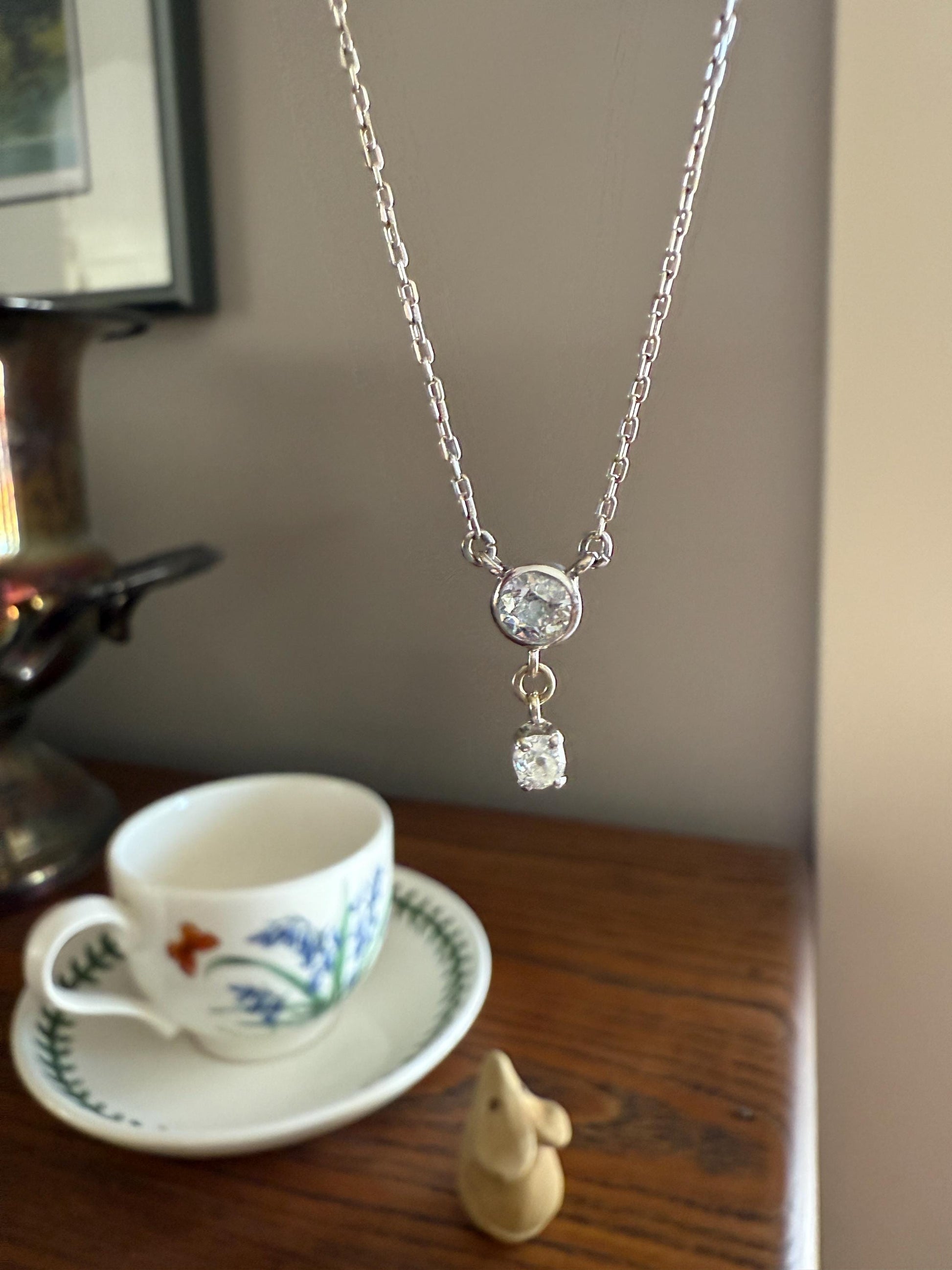 Vintage Art Deco Old Mine Cut Diamond Dangle NECKLACE Pendants on Chain French 18k White Gold Bezel Set OmC Minimalist