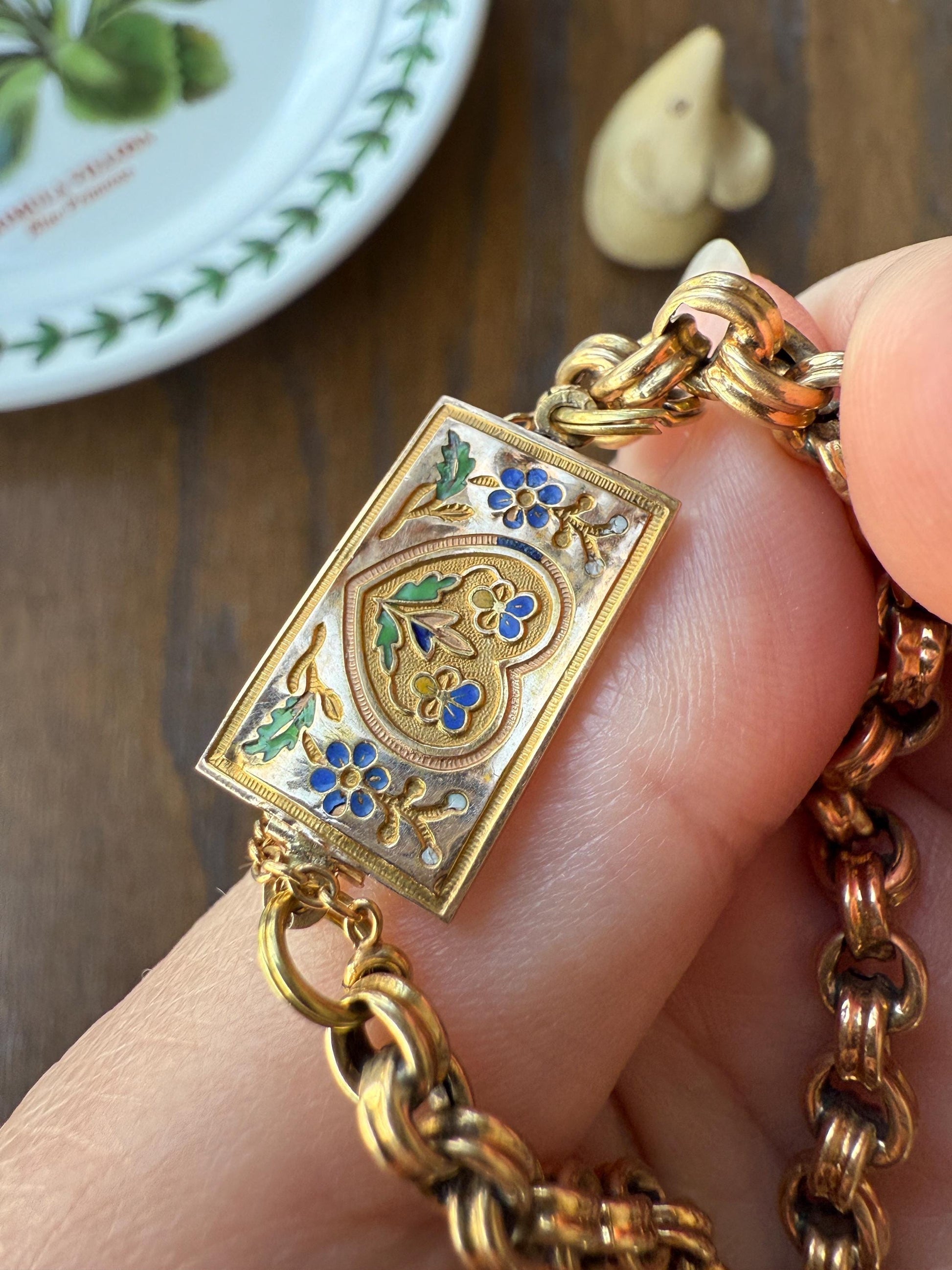 HEART Antique Chain BRACELET 18k Gold Solid Floral PANSY Forget Me Not Reversible Clasp 6.6g Think of Me French Traditional Enamel