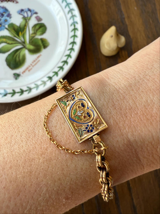 HEART Antique Chain BRACELET 18k Gold Solid Floral PANSY Forget Me Not Reversible Clasp 6.6g Think of Me French Traditional Enamel