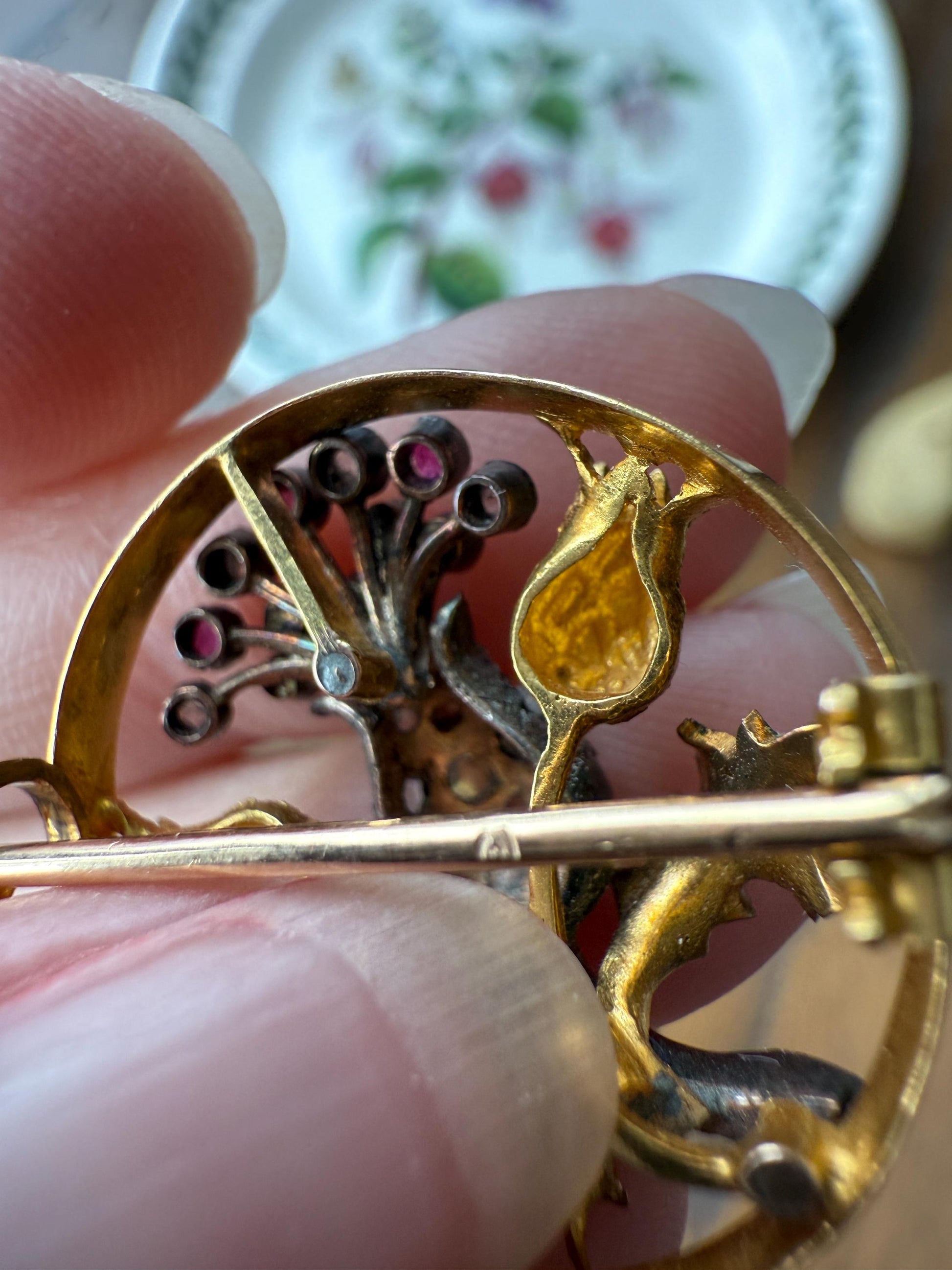THISTLE Antique Art Nouveau 18k Gold French Belle Epoque Rose Cut Diamond Ruby Brooch Pin Pendant Connector Extender 3D Lifelike Floral