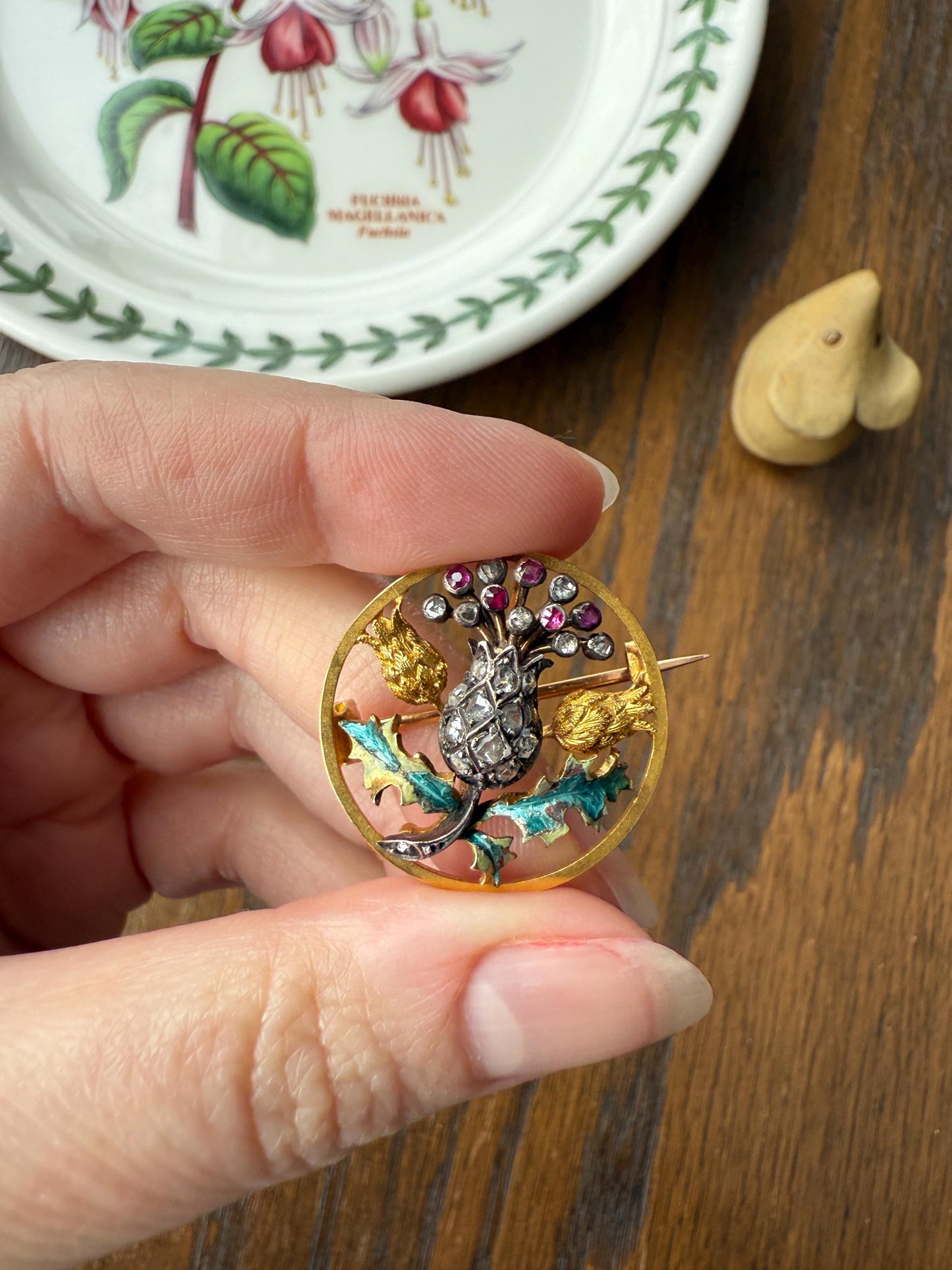 THISTLE Antique Art Nouveau 18k Gold French Belle Epoque Rose Cut Diamond Ruby Brooch Pin Pendant Connector Extender 3D Lifelike Floral