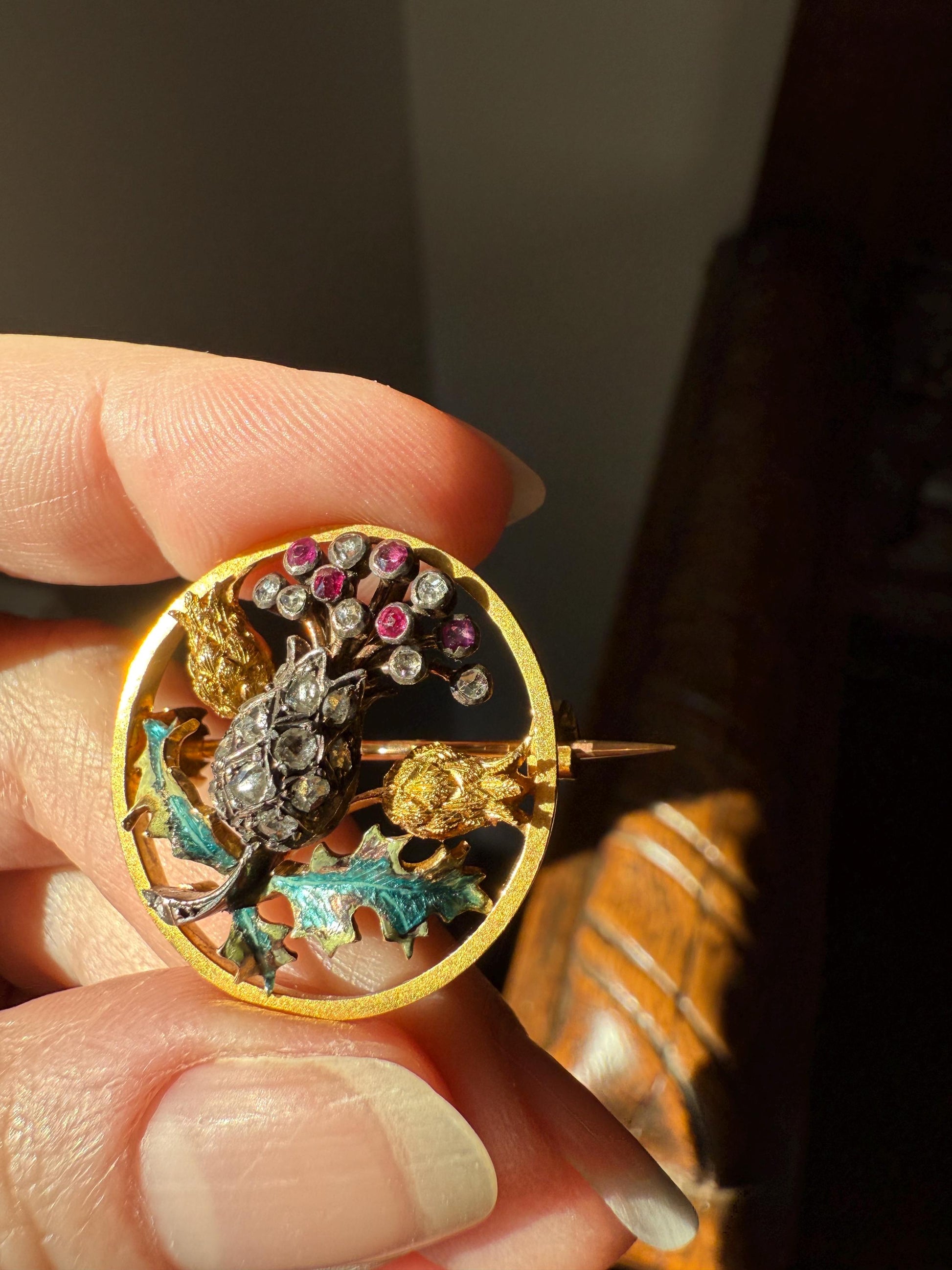 THISTLE Antique Art Nouveau 18k Gold French Belle Epoque Rose Cut Diamond Ruby Brooch Pin Pendant Connector Extender 3D Lifelike Floral