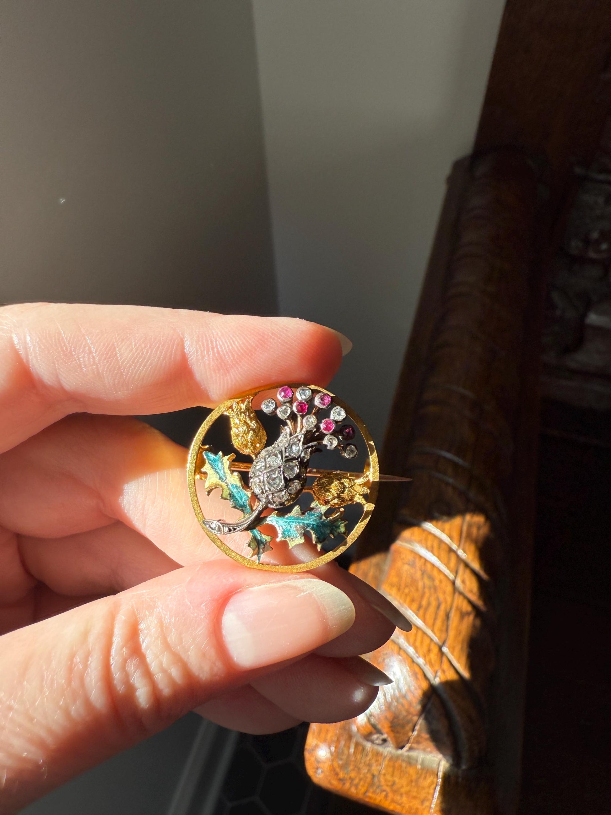 THISTLE Antique Art Nouveau 18k Gold French Belle Epoque Rose Cut Diamond Ruby Brooch Pin Pendant Connector Extender 3D Lifelike Floral