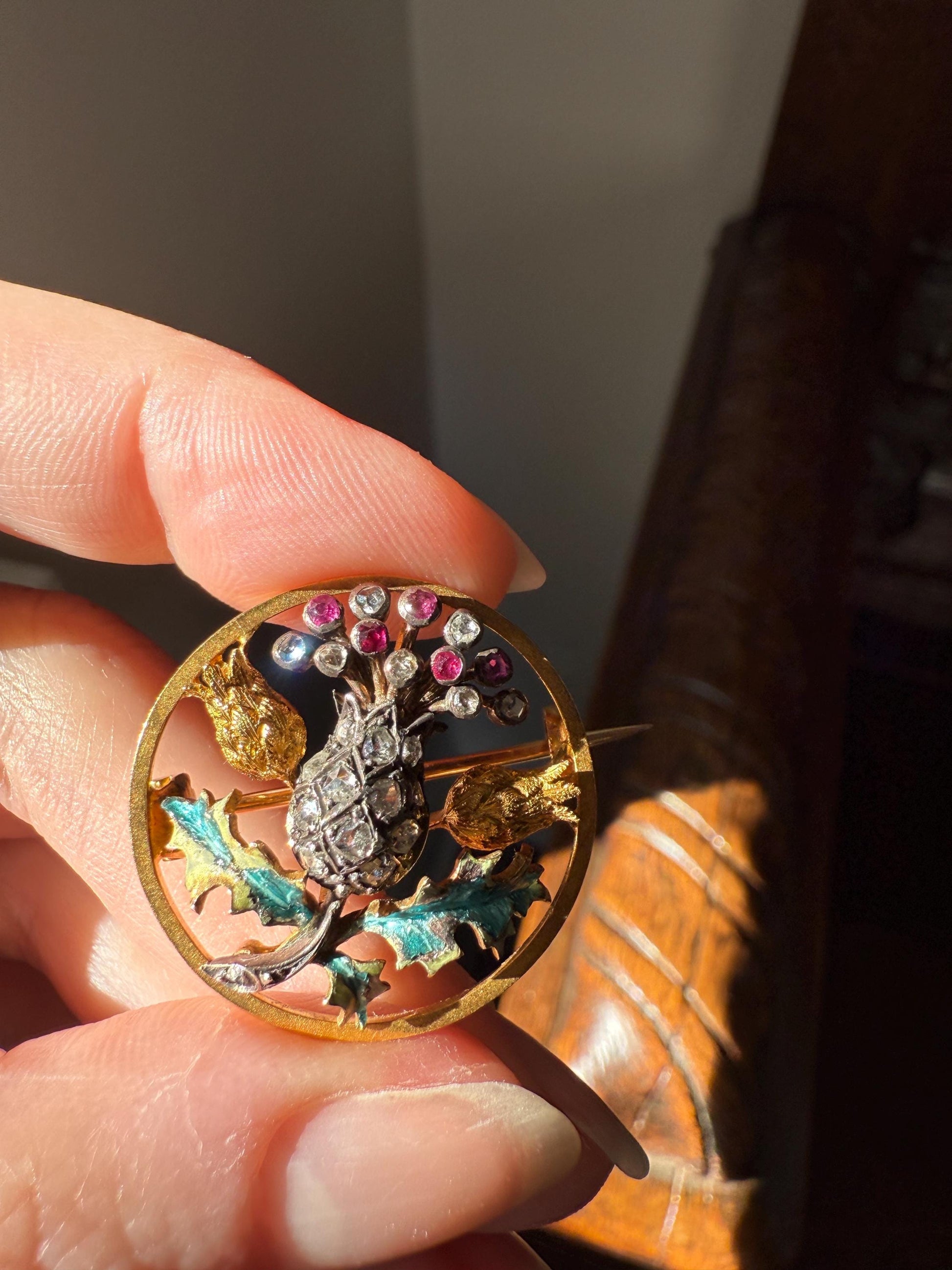 THISTLE Antique Art Nouveau 18k Gold French Belle Epoque Rose Cut Diamond Ruby Brooch Pin Pendant Connector Extender 3D Lifelike Floral