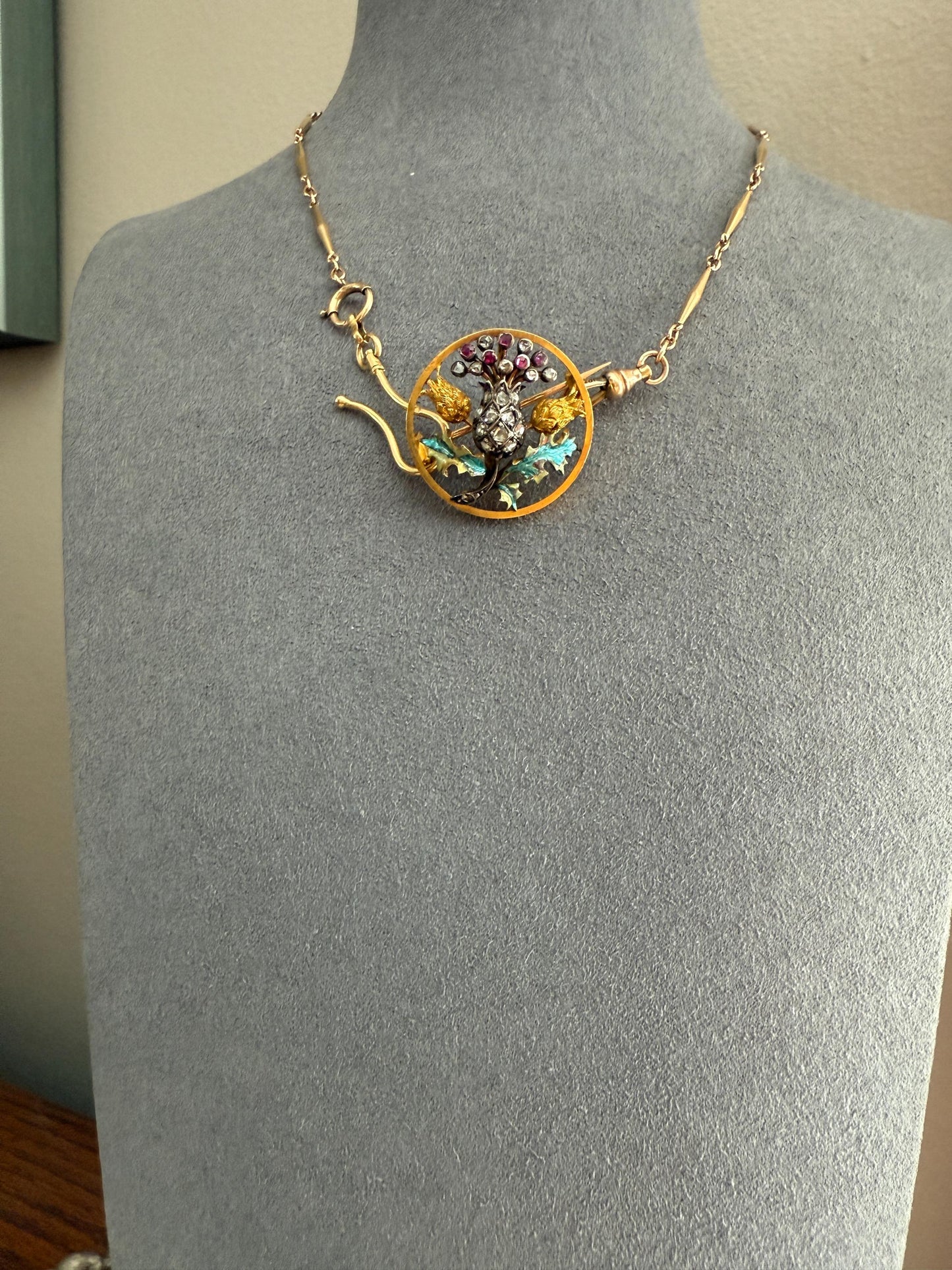THISTLE Antique Art Nouveau 18k Gold French Belle Epoque Rose Cut Diamond Ruby Brooch Pin Pendant Connector Extender 3D Lifelike Floral