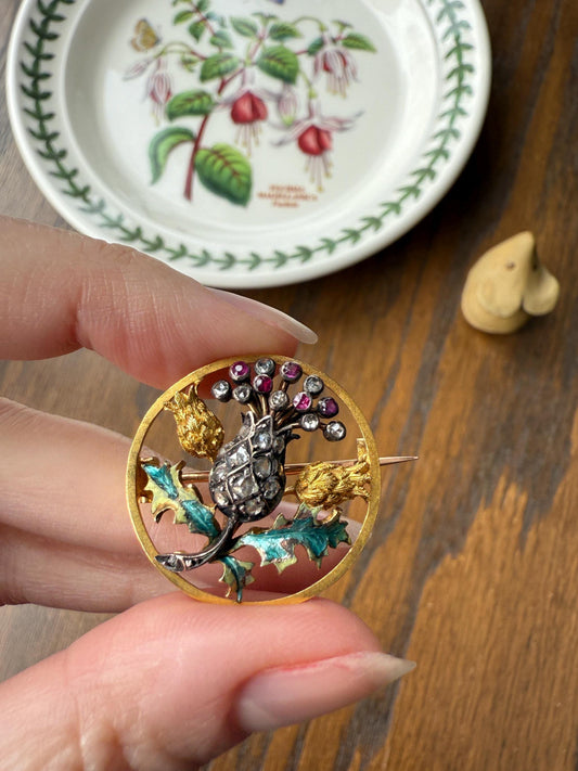 THISTLE Antique Art Nouveau 18k Gold French Belle Epoque Rose Cut Diamond Ruby Brooch Pin Pendant Connector Extender 3D Lifelike Floral