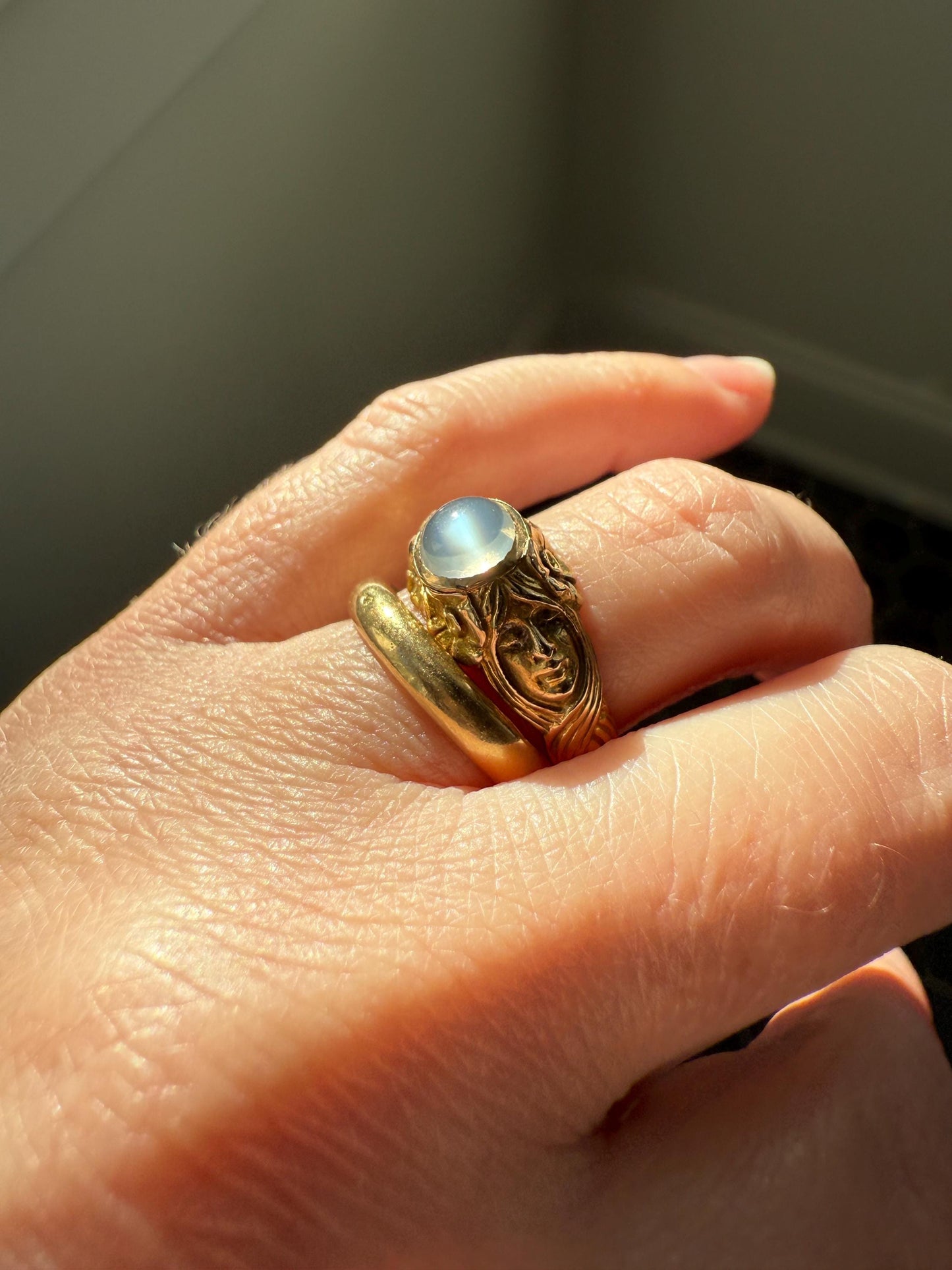 Art Nouveau Floral Woman Two Faces Antique Blue MOONSTONE c1900 Glowing Orb Figural Ring 14k Gold Buttery Band Stacker Victorian Unisex