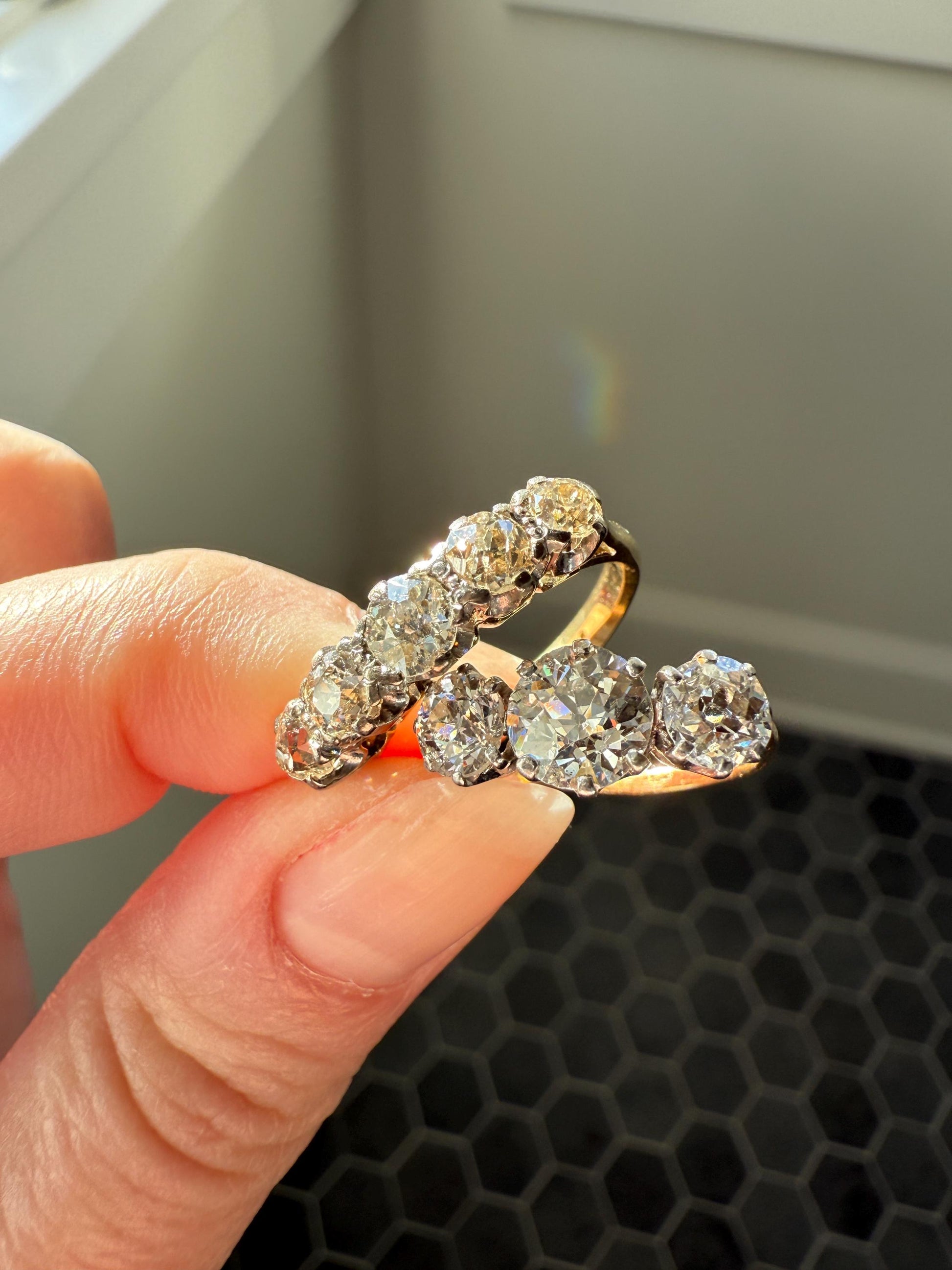 Antique 1.3 Carat Warm Old Mine Cut DIAMOND 5 Five Stone Band Ring 18k Gold Linear Art Deco Romantic Gift Stacker Wedding