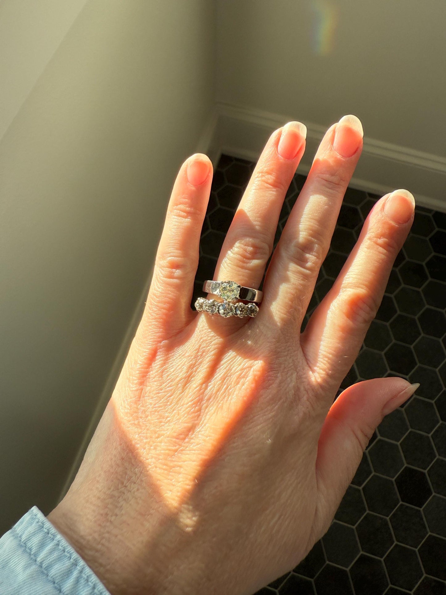 Antique 1.3 Carat Warm Old Mine Cut DIAMOND 5 Five Stone Band Ring 18k Gold Linear Art Deco Romantic Gift Stacker Wedding