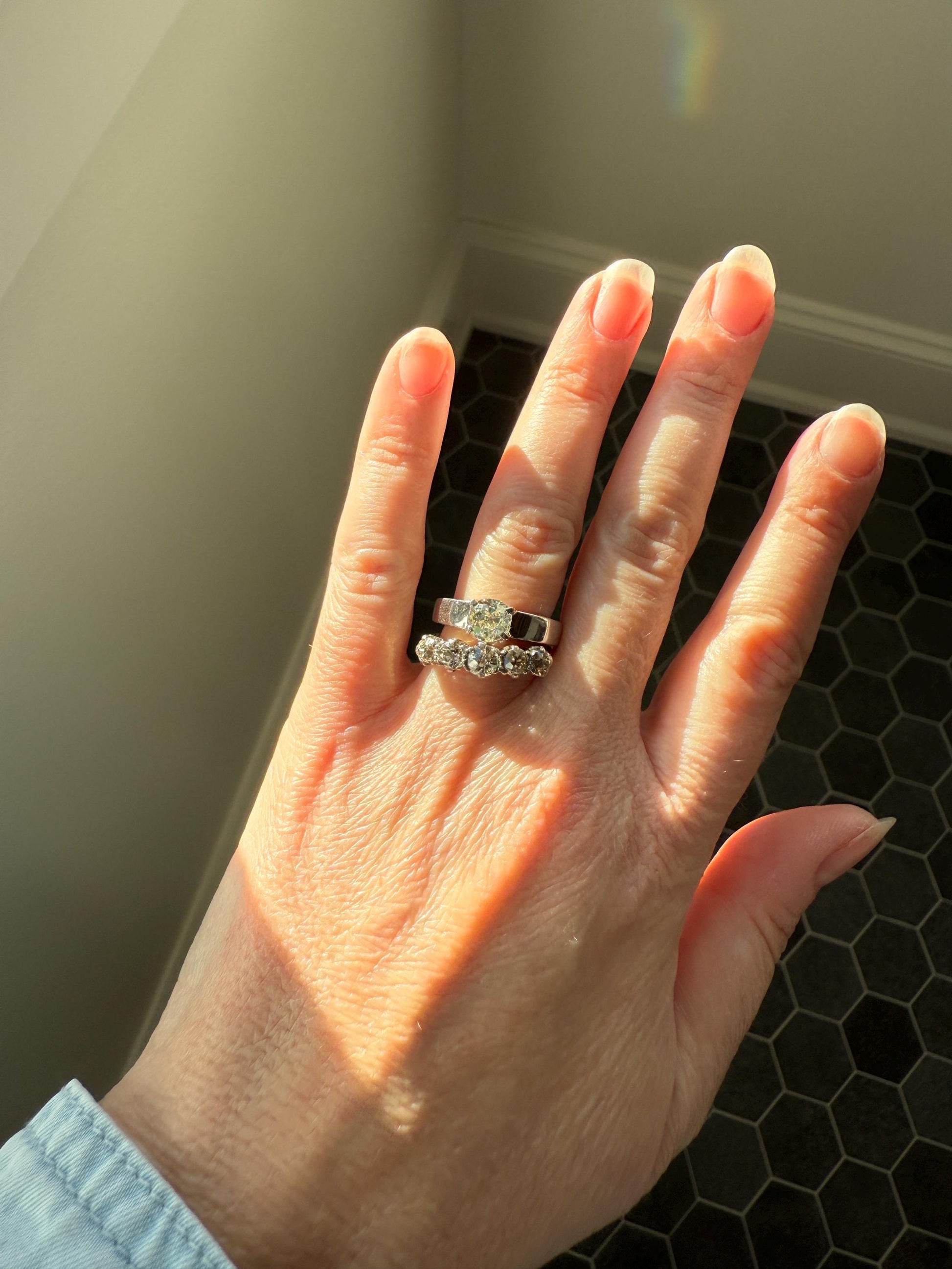 Antique 1.3 Carat Warm Old Mine Cut DIAMOND 5 Five Stone Band Ring 18k Gold Linear Art Deco Romantic Gift Stacker Wedding