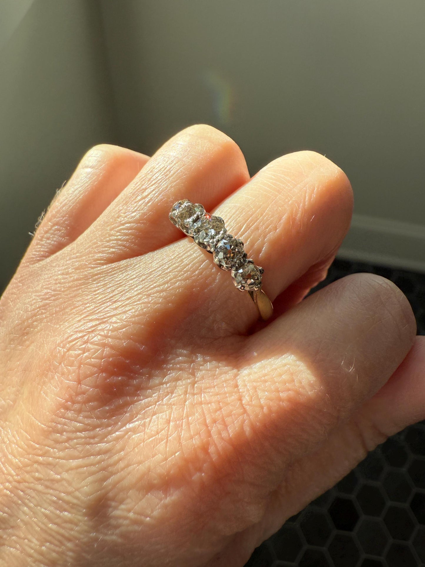 Antique 1.3 Carat Warm Old Mine Cut DIAMOND 5 Five Stone Band Ring 18k Gold Linear Art Deco Romantic Gift Stacker Wedding