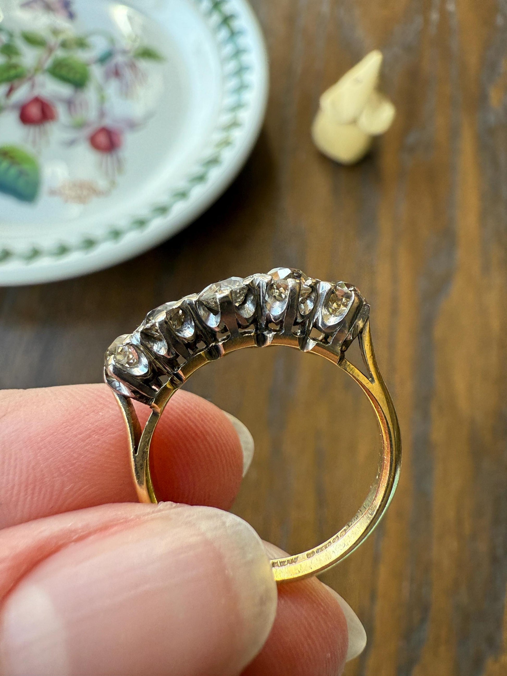 Antique 1.3 Carat Warm Old Mine Cut DIAMOND 5 Five Stone Band Ring 18k Gold Linear Art Deco Romantic Gift Stacker Wedding