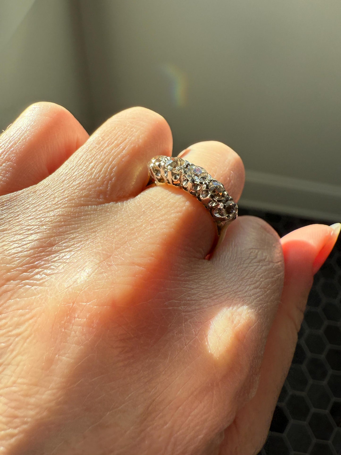Antique 1.3 Carat Warm Old Mine Cut DIAMOND 5 Five Stone Band Ring 18k Gold Linear Art Deco Romantic Gift Stacker Wedding