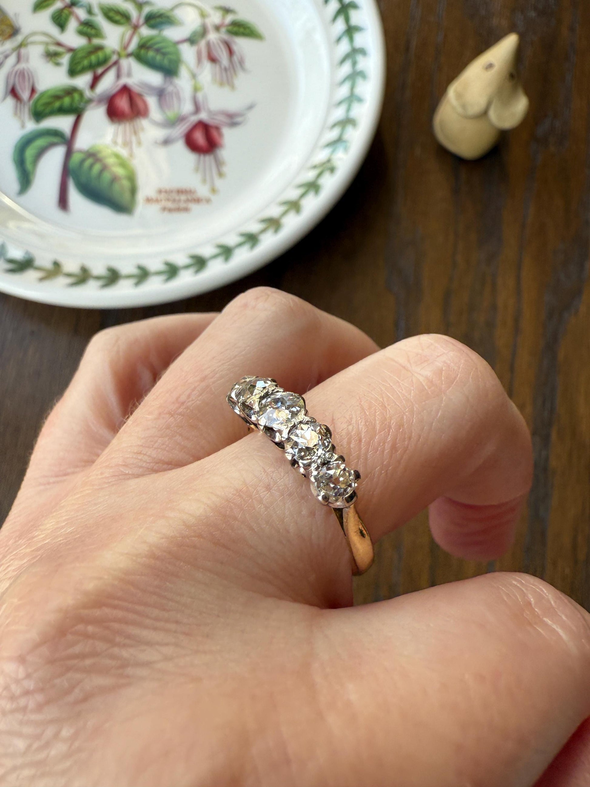 Antique 1.3 Carat Warm Old Mine Cut DIAMOND 5 Five Stone Band Ring 18k Gold Linear Art Deco Romantic Gift Stacker Wedding