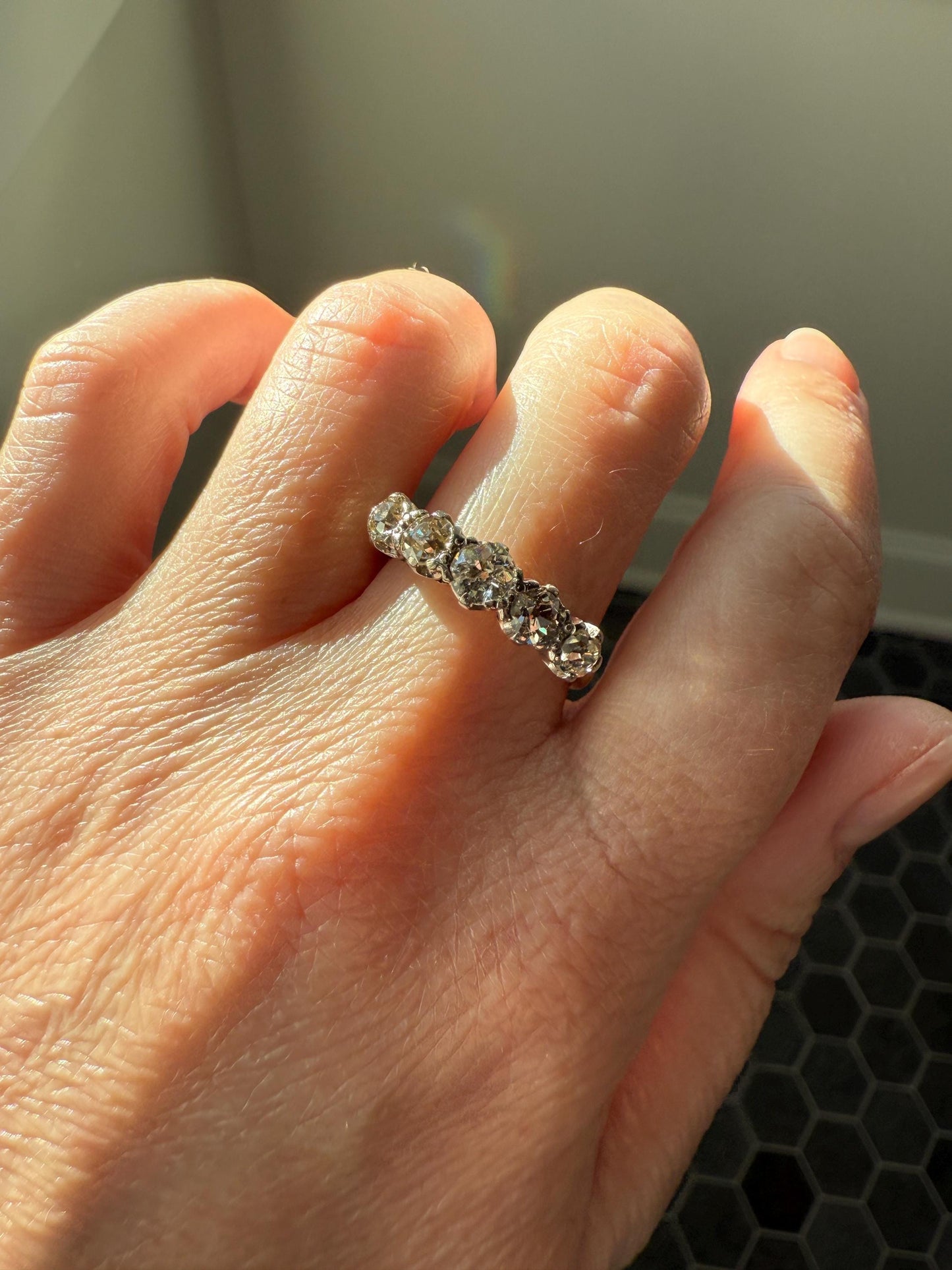 Antique 1.3 Carat Warm Old Mine Cut DIAMOND 5 Five Stone Band Ring 18k Gold Linear Art Deco Romantic Gift Stacker Wedding