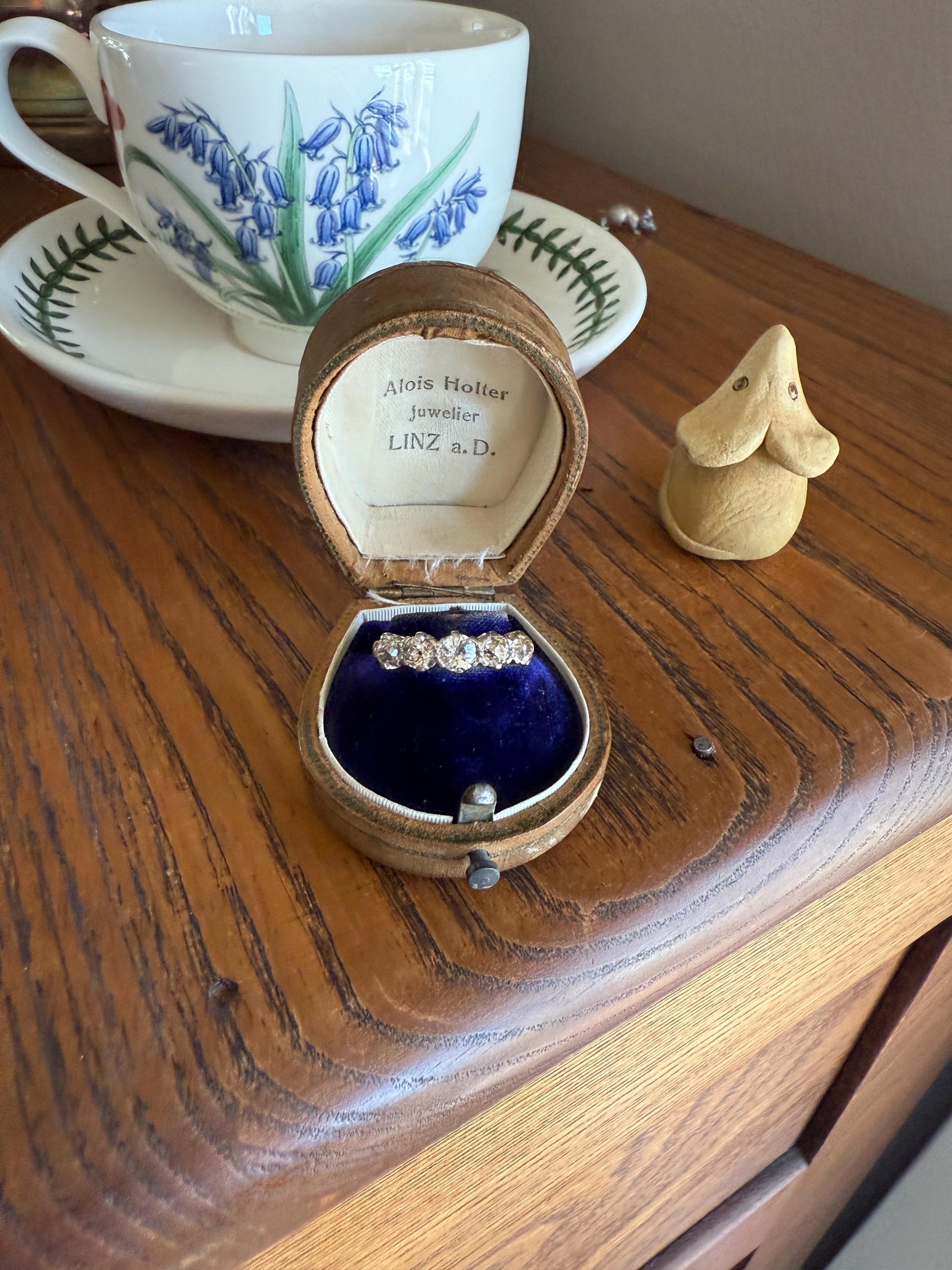 Antique 1.3 Carat Warm Old Mine Cut DIAMOND 5 Five Stone Band Ring 18k Gold Linear Art Deco Romantic Gift Stacker Wedding