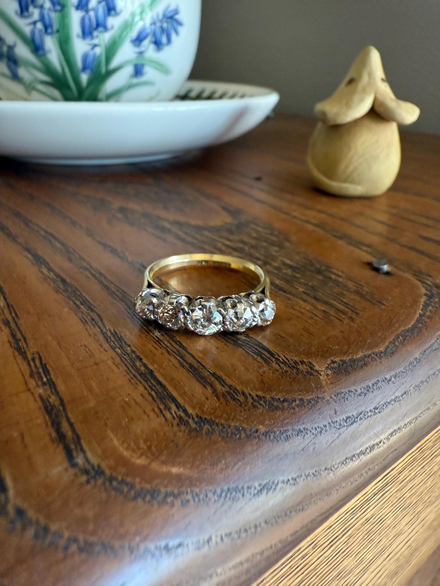Antique 1.3 Carat Warm Old Mine Cut DIAMOND 5 Five Stone Band Ring 18k Gold Linear Art Deco Romantic Gift Stacker Wedding
