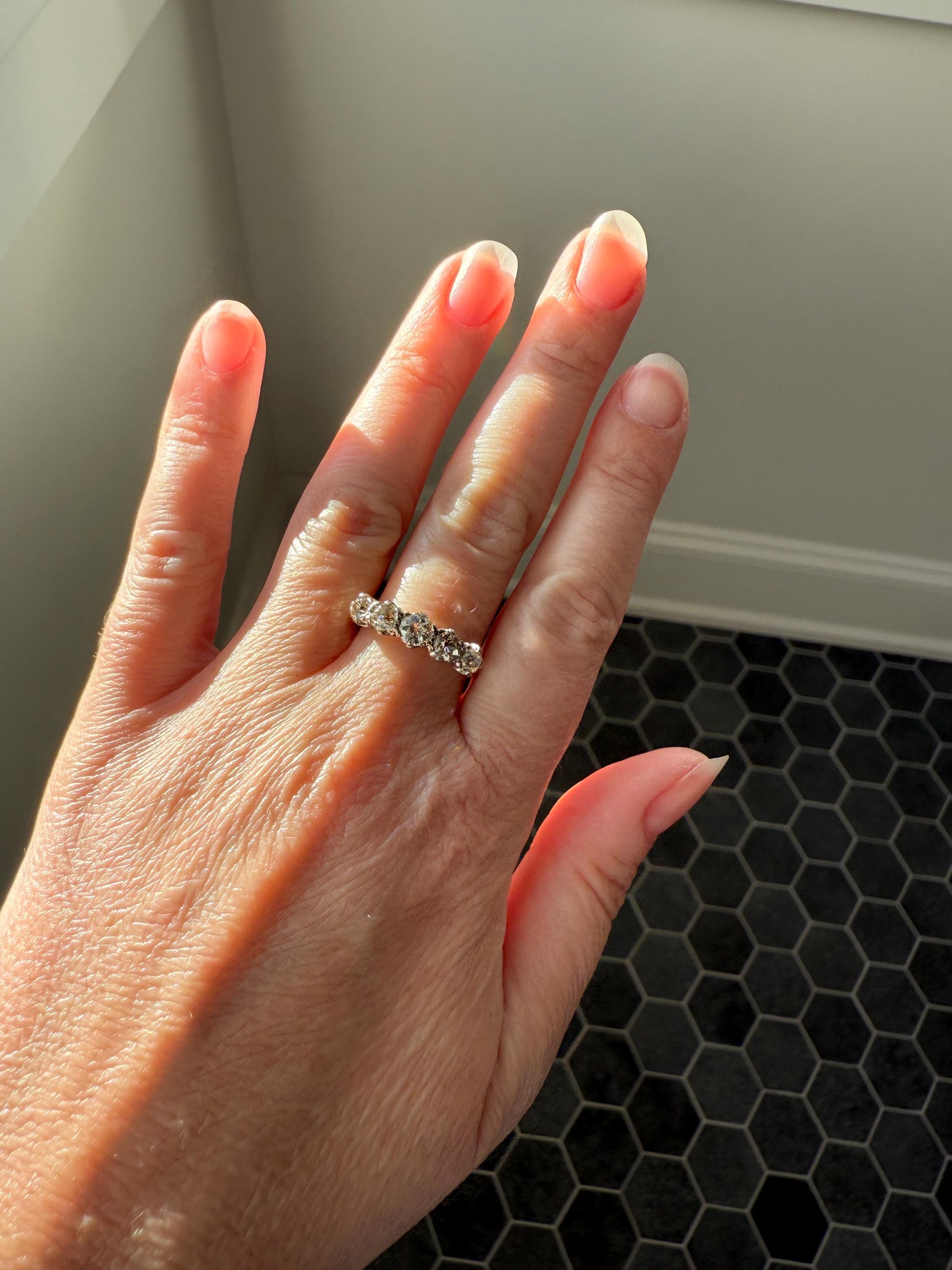 Antique 1.3 Carat Warm Old Mine Cut DIAMOND 5 Five Stone Band Ring 18k Gold Linear Art Deco Romantic Gift Stacker Wedding