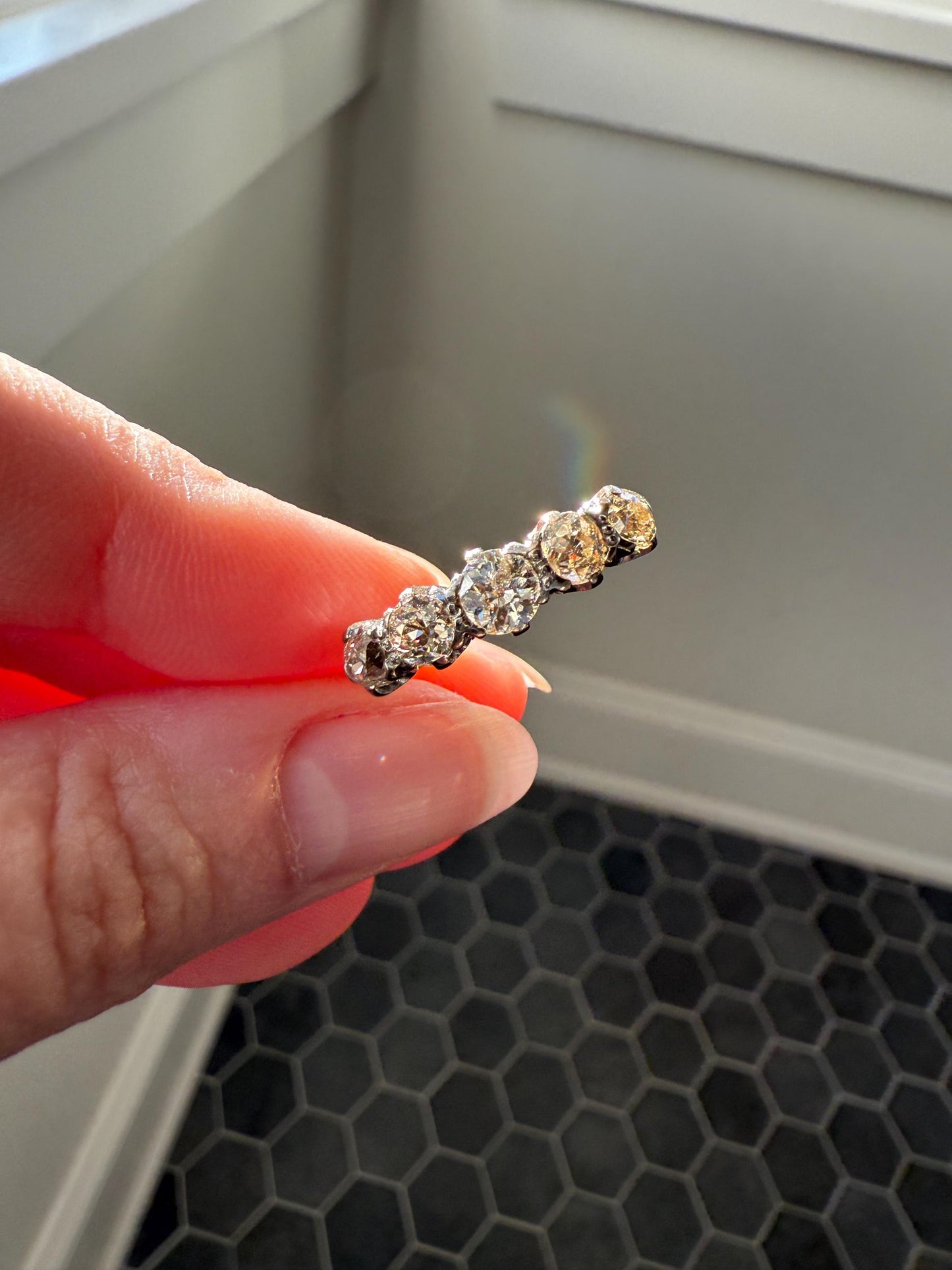 Antique 1.3 Carat Warm Old Mine Cut DIAMOND 5 Five Stone Band Ring 18k Gold Linear Art Deco Romantic Gift Stacker Wedding