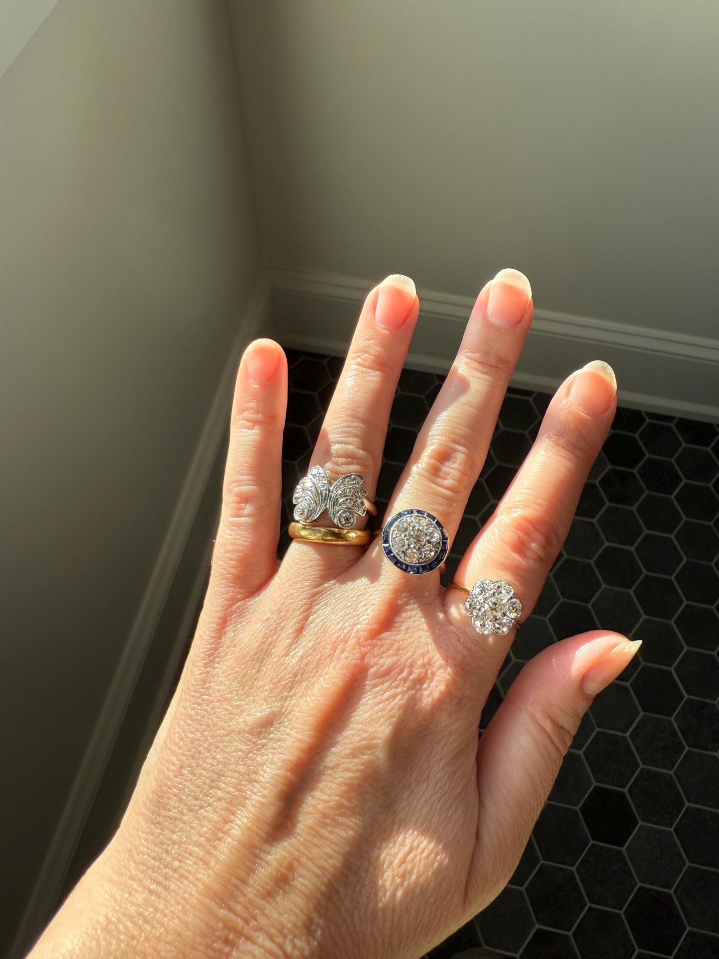 BUTTERFLY Ring Art Deco Old Mine Transitional Cut Diamonds Vintage Ring Flared Swirl Flared Fan 14k White Gold Unique Stacker