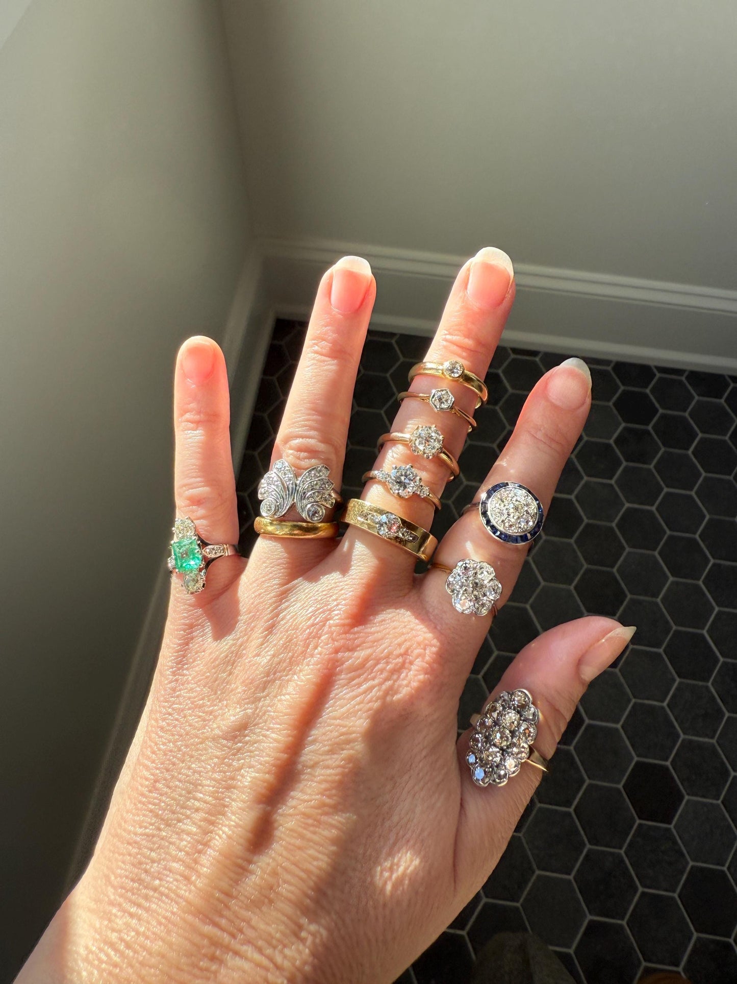 BUTTERFLY Ring Art Deco Old Mine Transitional Cut Diamonds Vintage Ring Flared Swirl Flared Fan 14k White Gold Unique Stacker