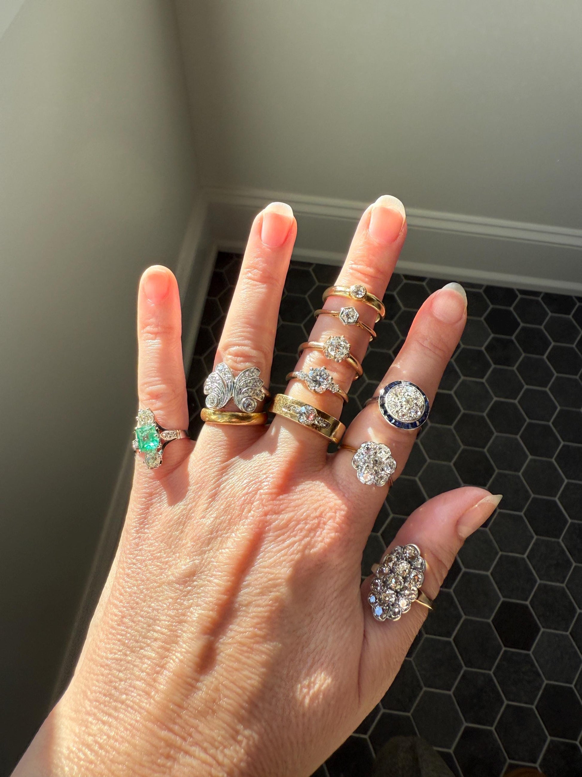 BUTTERFLY Ring Art Deco Old Mine Transitional Cut Diamonds Vintage Ring Flared Swirl Flared Fan 14k White Gold Unique Stacker