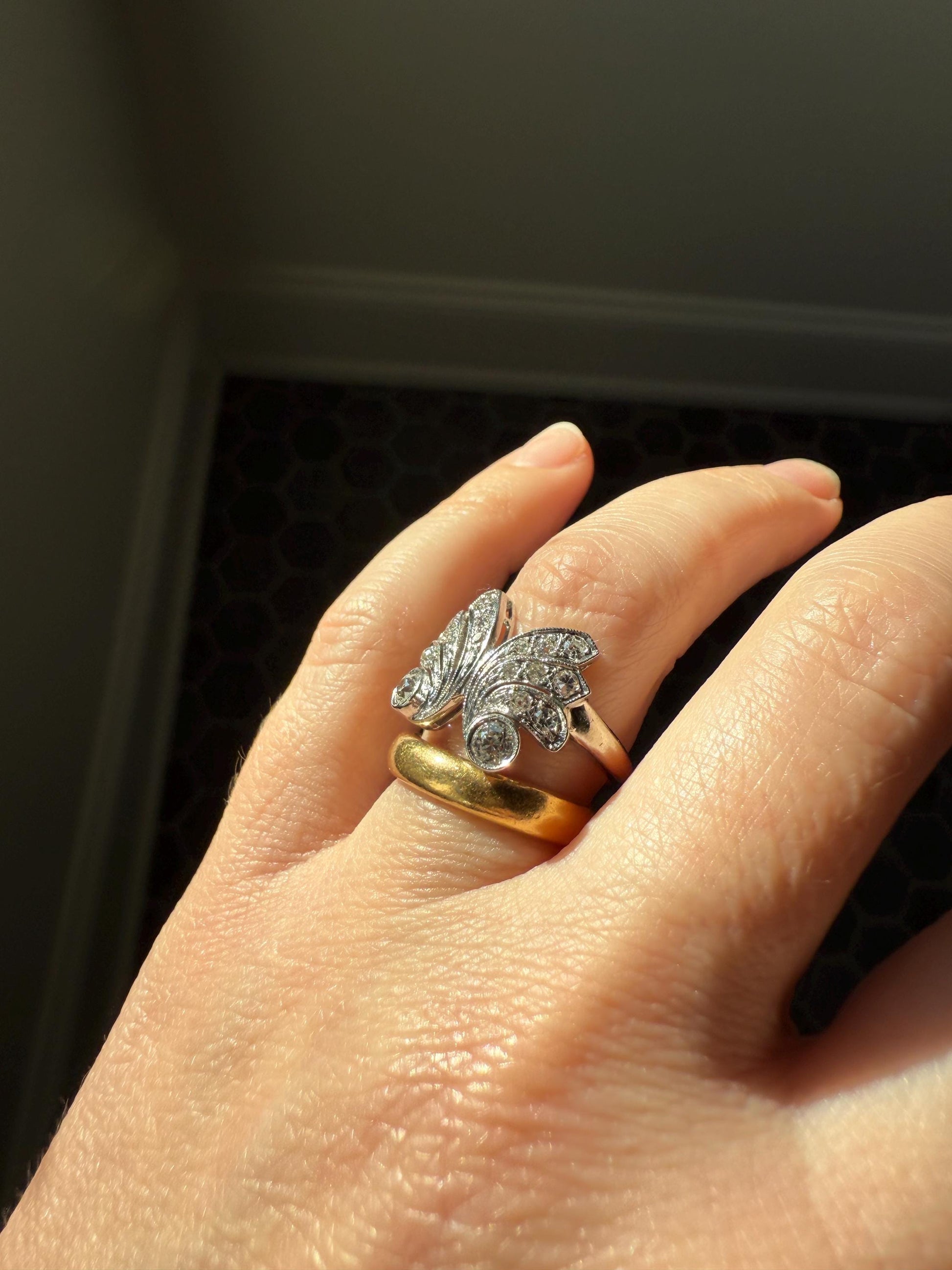 BUTTERFLY Ring Art Deco Old Mine Transitional Cut Diamonds Vintage Ring Flared Swirl Flared Fan 14k White Gold Unique Stacker