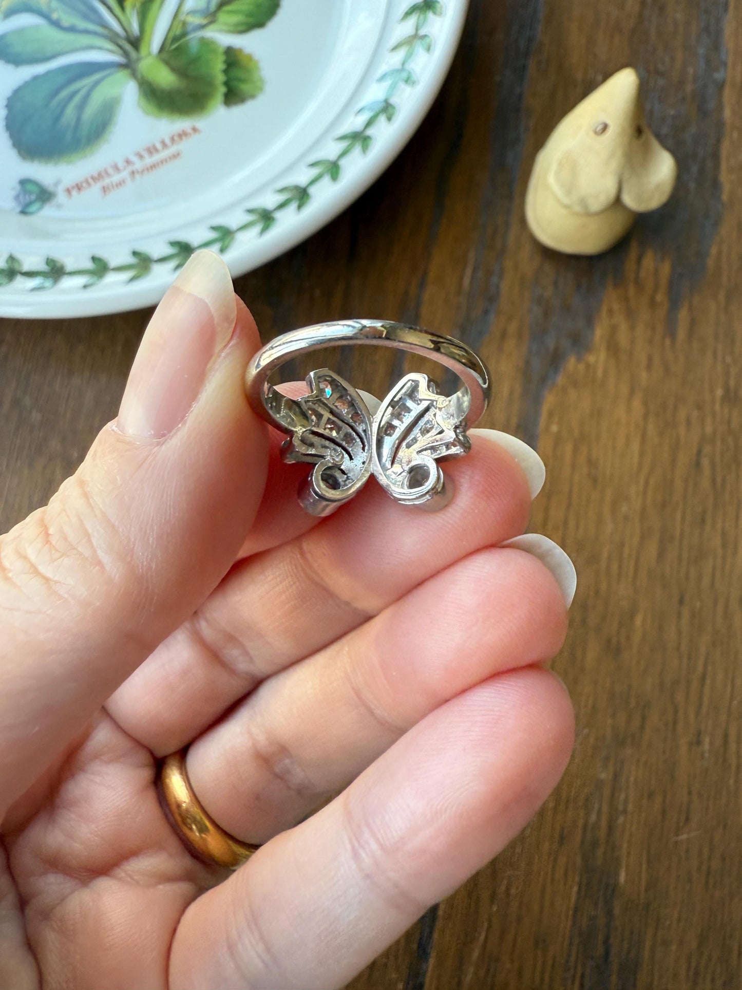 BUTTERFLY Ring Art Deco Old Mine Transitional Cut Diamonds Vintage Ring Flared Swirl Flared Fan 14k White Gold Unique Stacker