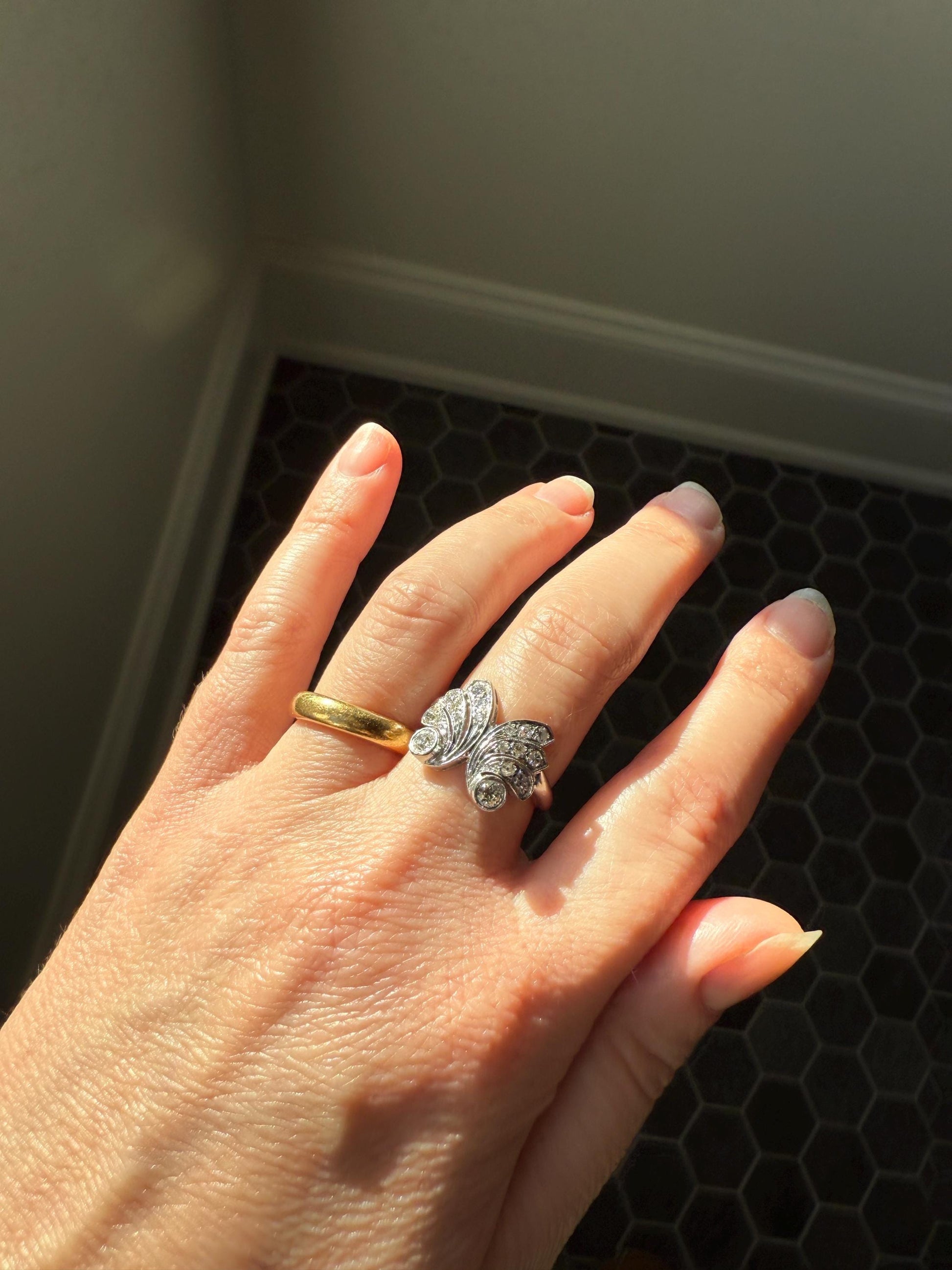 BUTTERFLY Ring Art Deco Old Mine Transitional Cut Diamonds Vintage Ring Flared Swirl Flared Fan 14k White Gold Unique Stacker