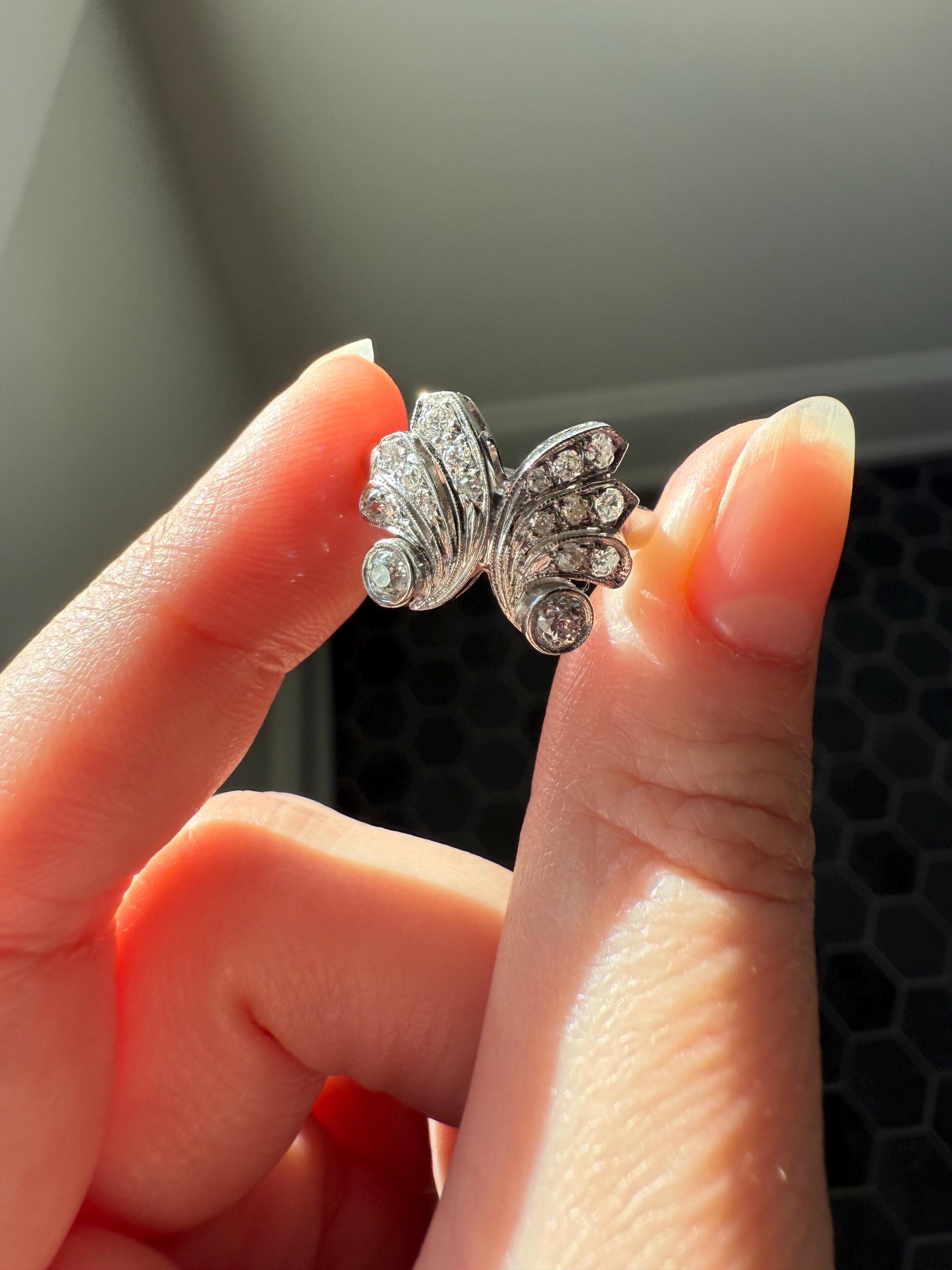 BUTTERFLY Ring Art Deco Old Mine Transitional Cut Diamonds Vintage Ring Flared Swirl Flared Fan 14k White Gold Unique Stacker