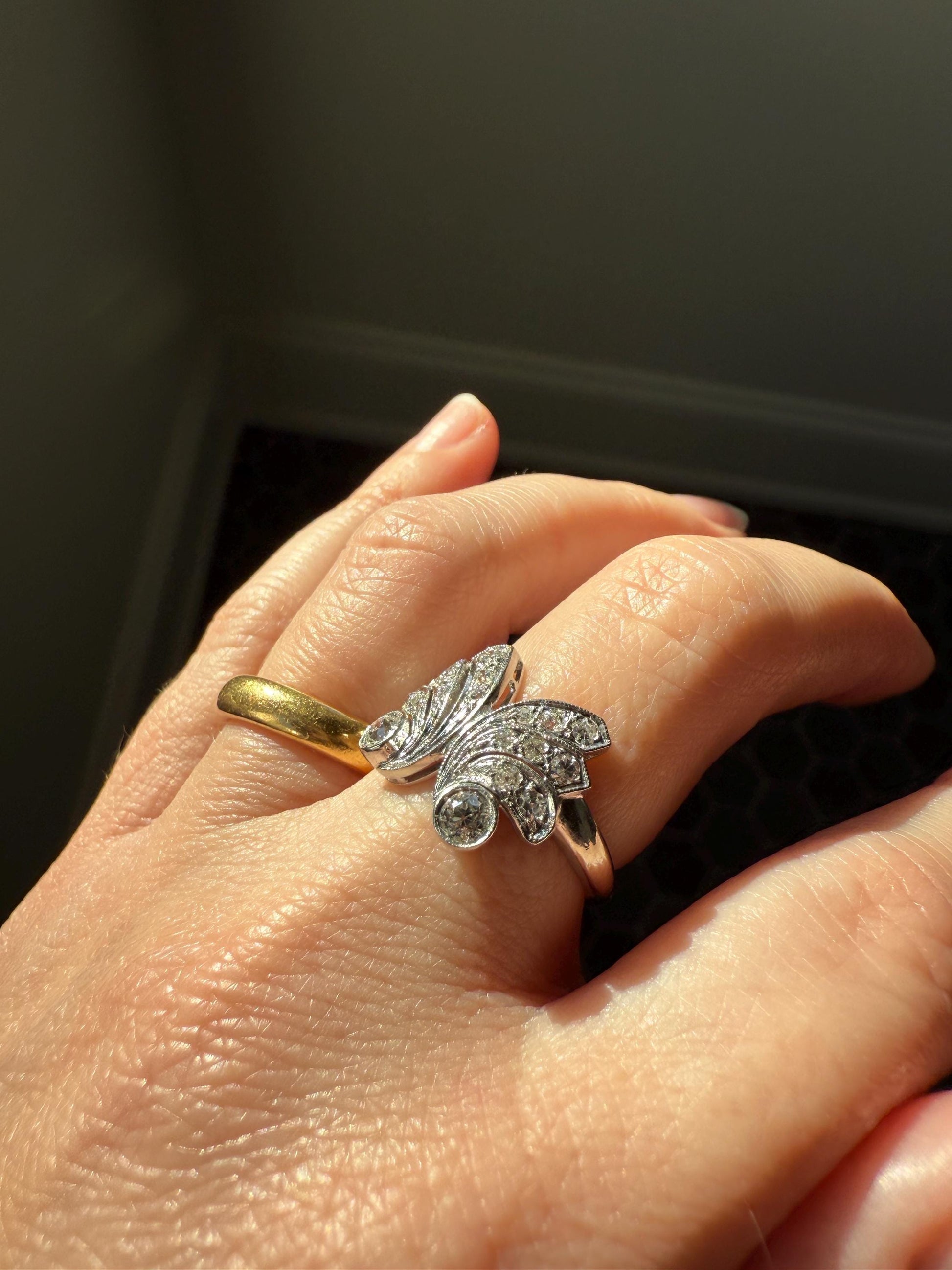 BUTTERFLY Ring Art Deco Old Mine Transitional Cut Diamonds Vintage Ring Flared Swirl Flared Fan 14k White Gold Unique Stacker