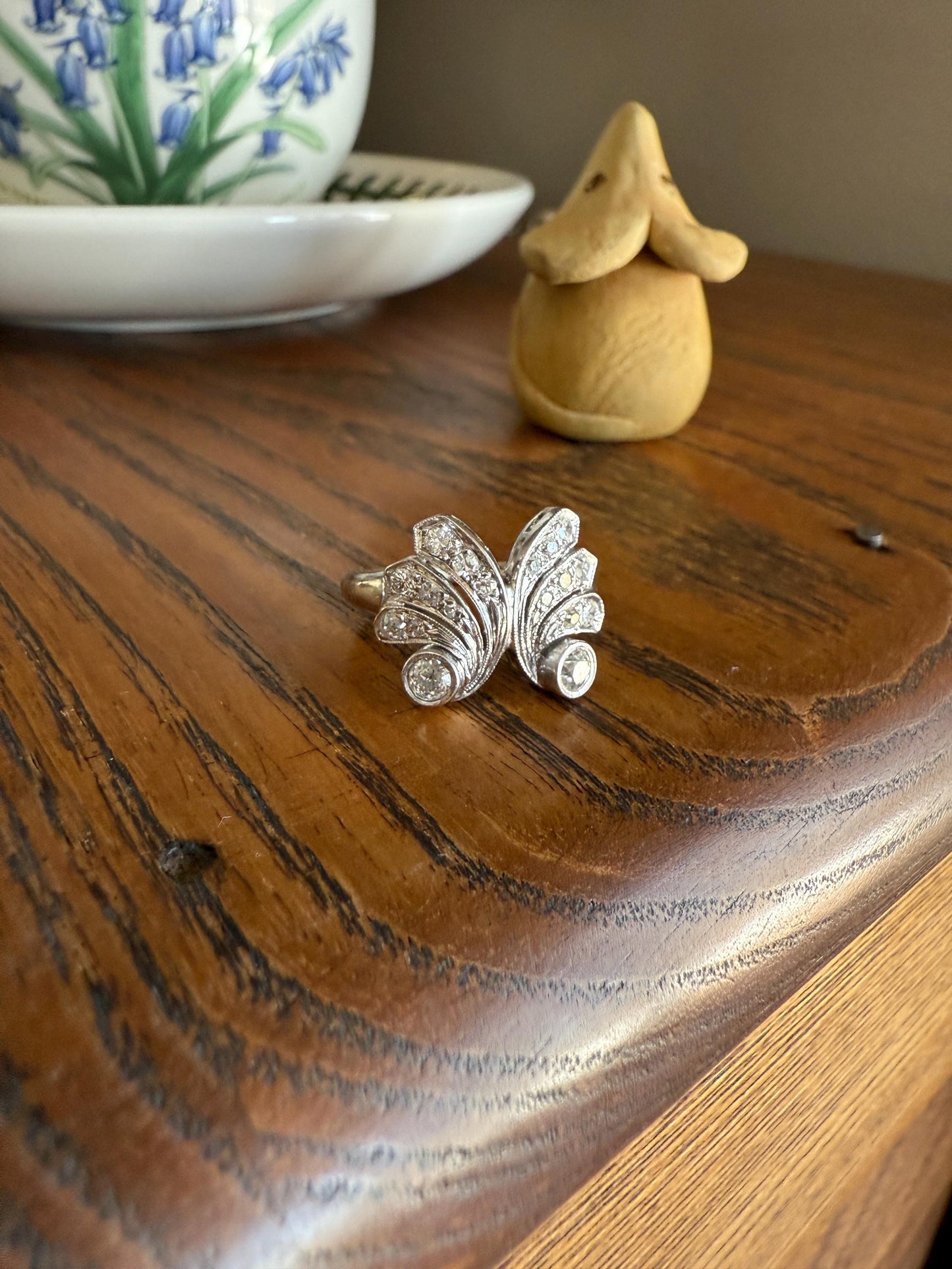 BUTTERFLY Ring Art Deco Old Mine Transitional Cut Diamonds Vintage Ring Flared Swirl Flared Fan 14k White Gold Unique Stacker