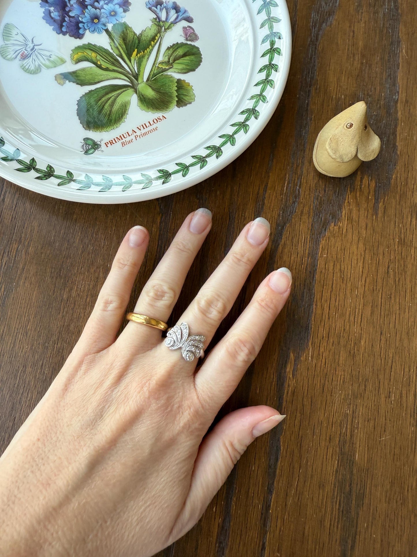 BUTTERFLY Ring Art Deco Old Mine Transitional Cut Diamonds Vintage Ring Flared Swirl Flared Fan 14k White Gold Unique Stacker